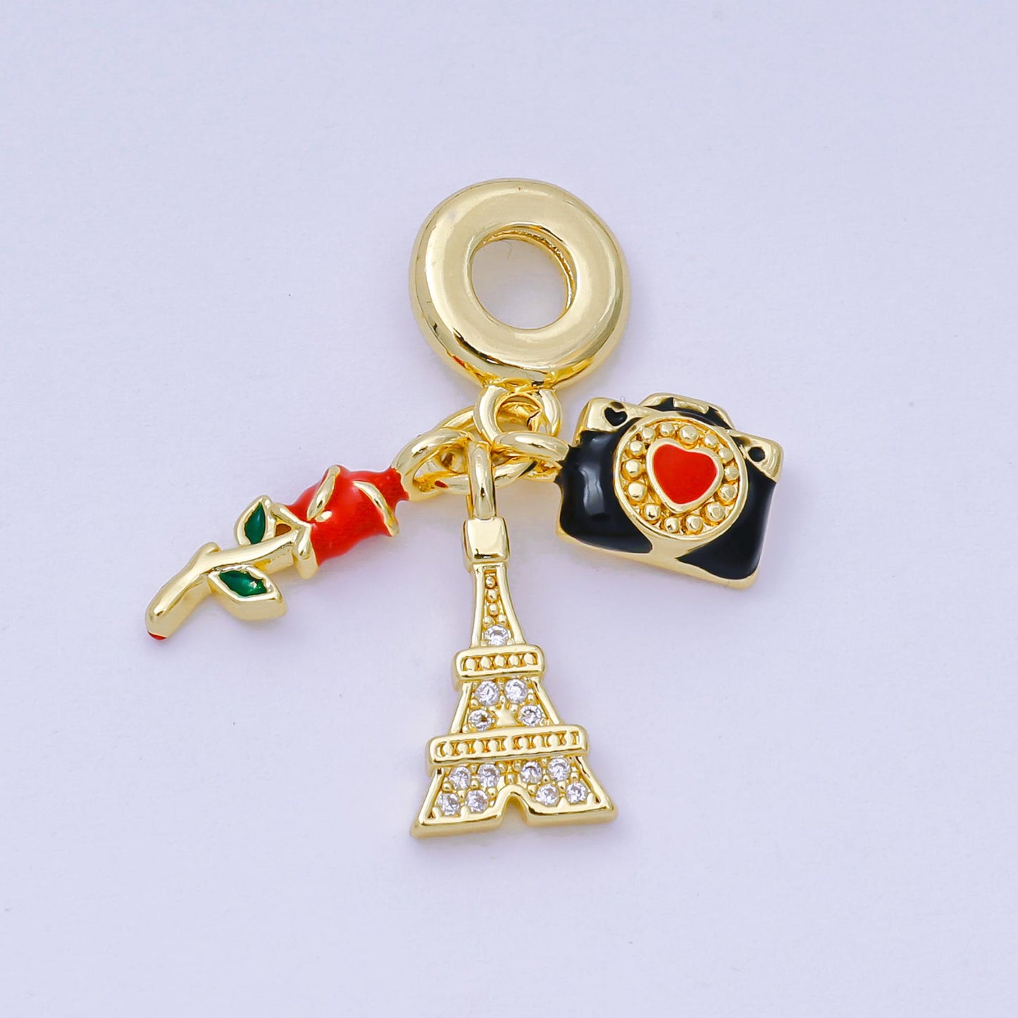 24K Gold Filled 16mm Micro Paved CZ Enamel Art Love in Paris Set Charm in Rose, Camera, & Eiffel Tower | AH-600