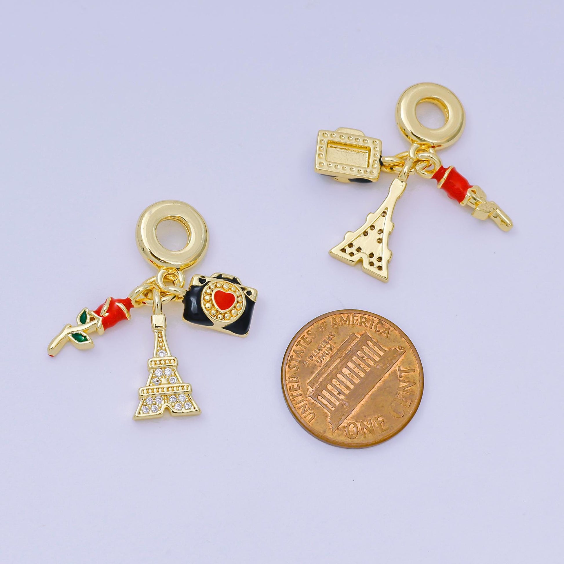 24K Gold Filled 16mm Micro Paved CZ Enamel Art Love in Paris Set Charm in Rose, Camera, & Eiffel Tower | AH-600