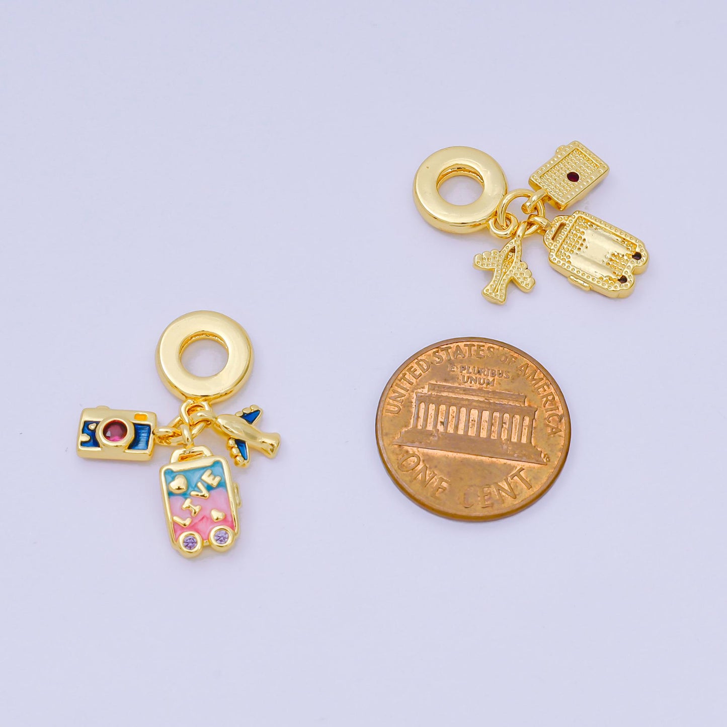 24K Gold Filled 10mm Micro Paved CZ Enamel Art Travel Set Charm in Airplane, Camera, & Baggage | AH-601