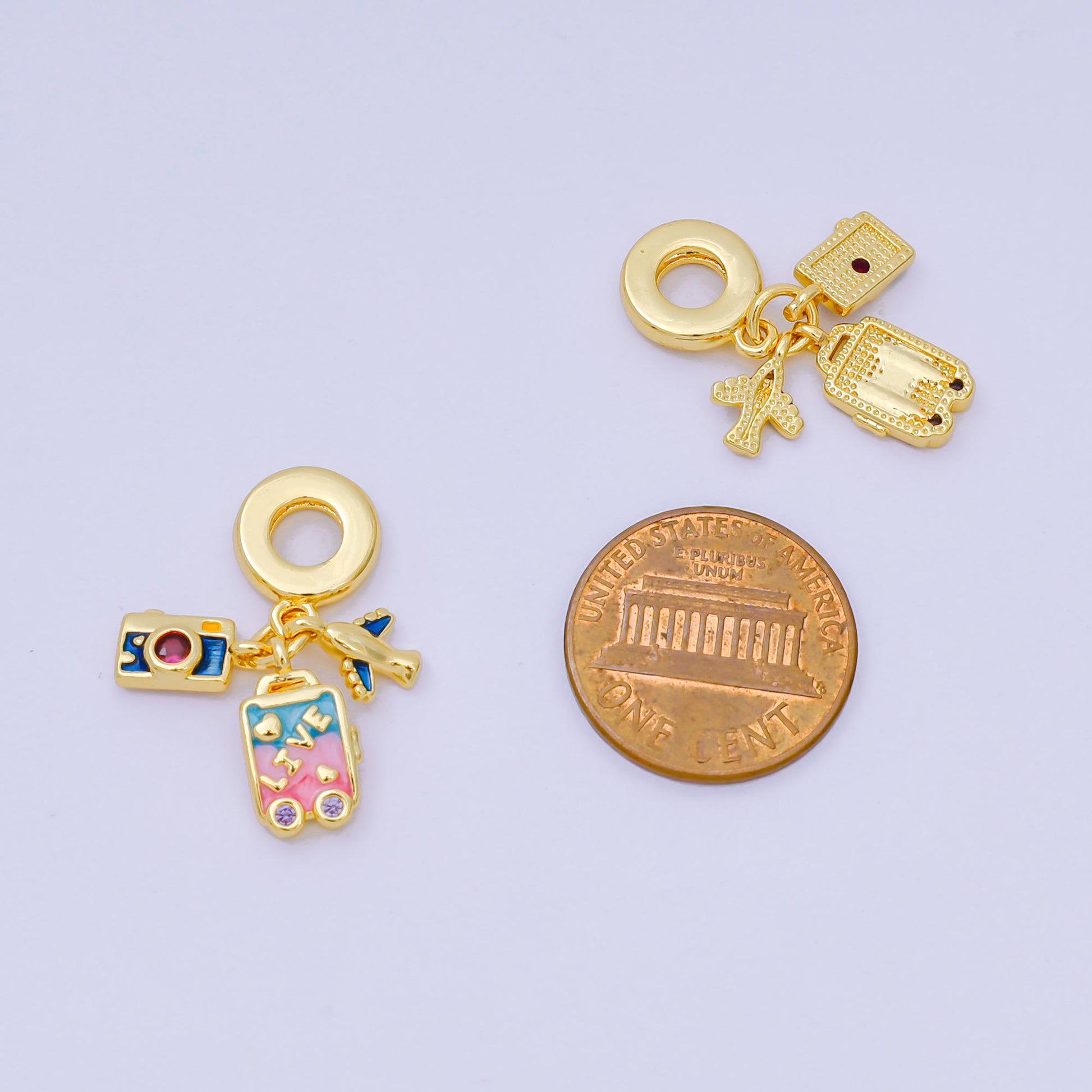 24K Gold Filled 10mm Micro Paved CZ Enamel Art Travel Set Charm in Airplane, Camera, & Baggage | AH-601