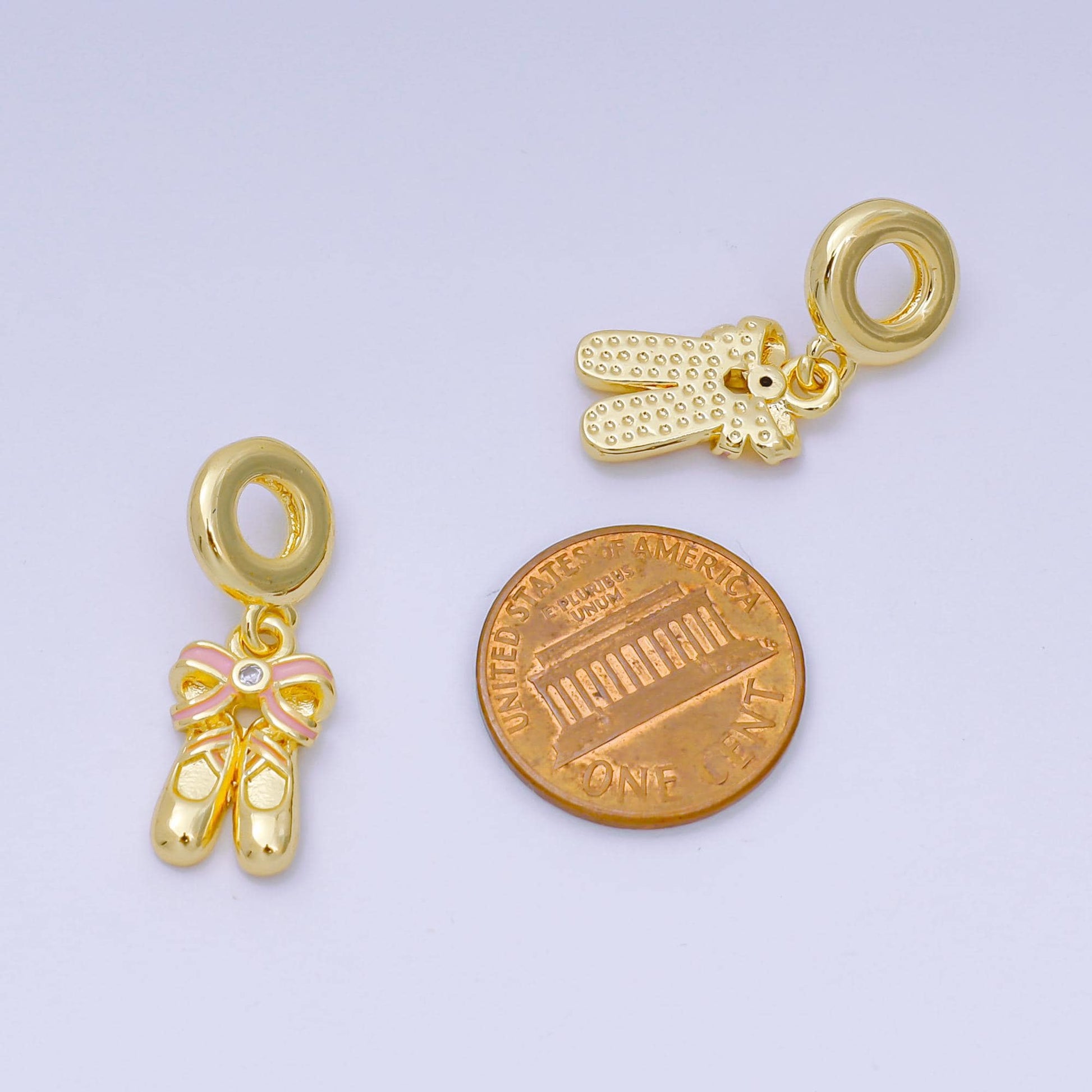 24K Gold Filled 16mm Round CZ Enamel Art Ballet Shoes with Bow Charm | AH-596