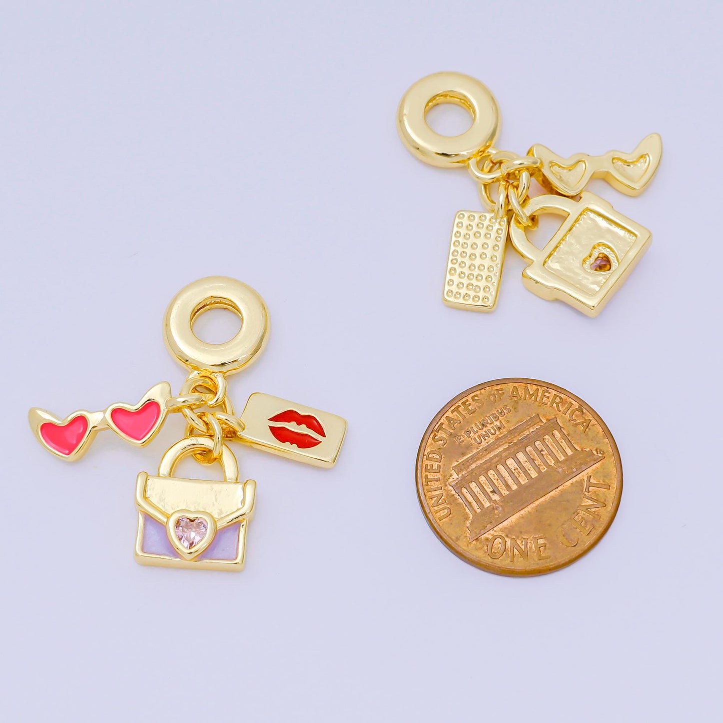 24K Gold Filled 16.5mm Heart-Shaped CZ Enamel Art Popular Girl Set Charm in Sunglasses, Lipstick, & Purse | AH-603