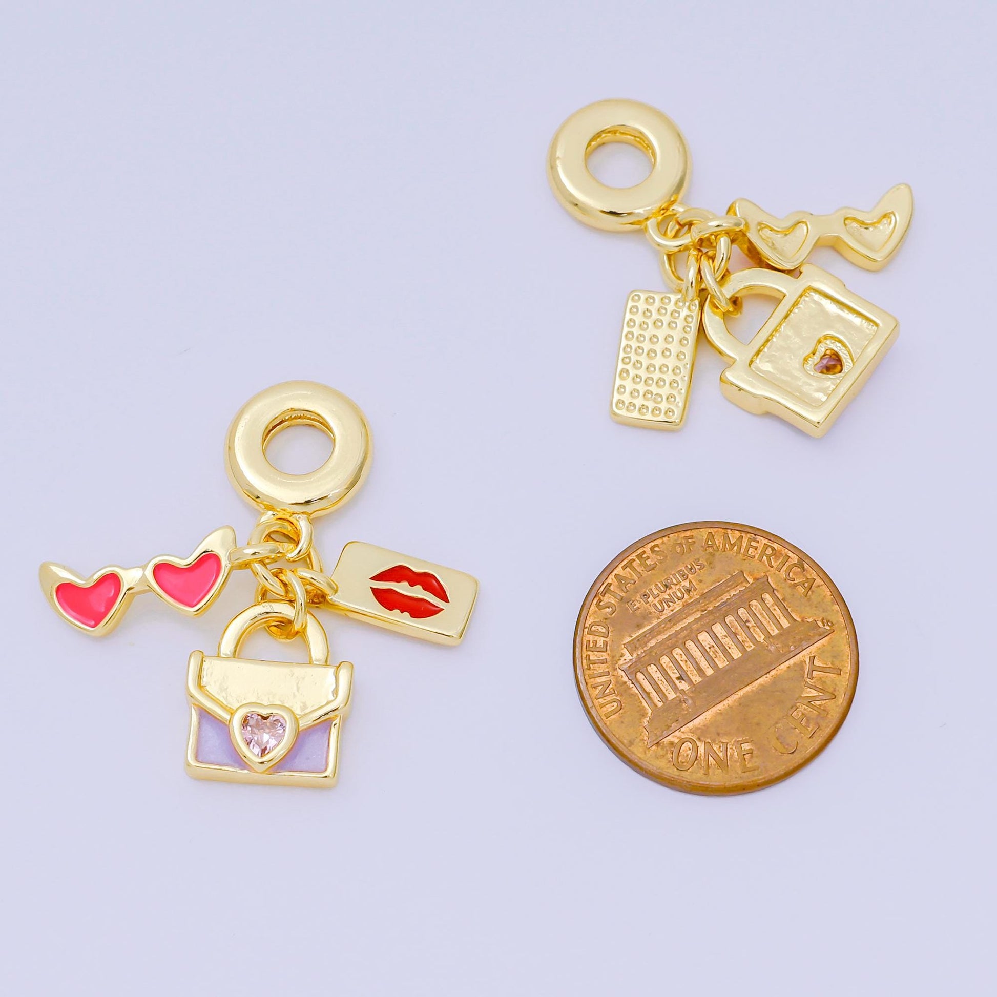 24K Gold Filled 16.5mm Heart-Shaped CZ Enamel Art Popular Girl Set Charm in Sunglasses, Lipstick, & Purse | AH-603