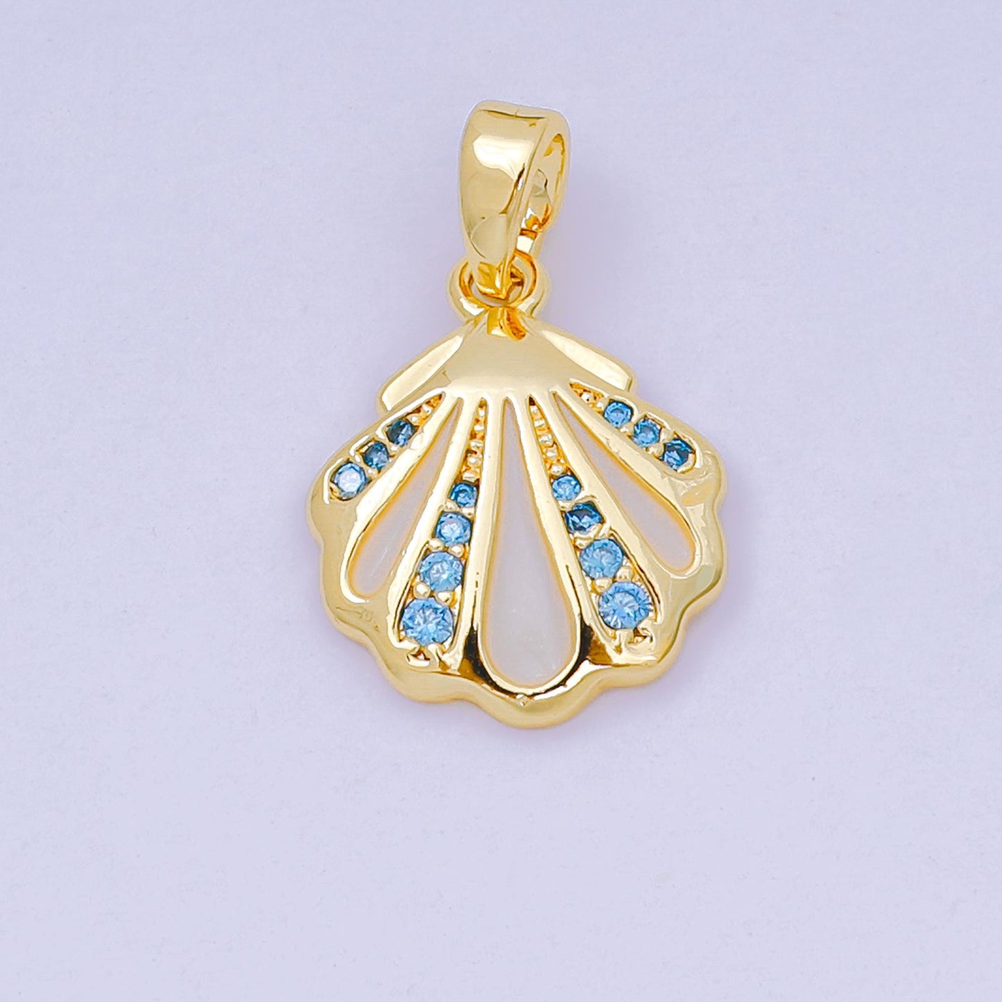24K Gold Filled 15mm Sky Blue Micro Paved CZ Clam Shell Dainty Charm in Gold & Silver | AA-1577