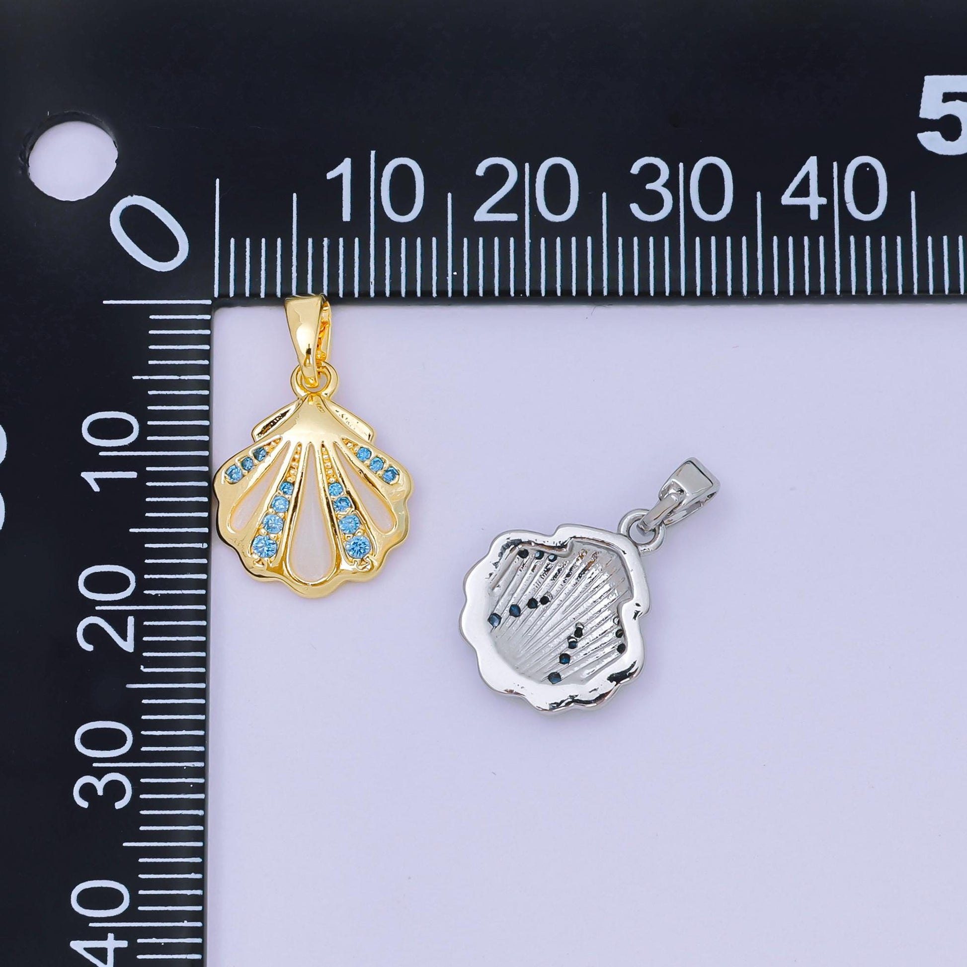 24K Gold Filled 15mm Sky Blue Micro Paved CZ Clam Shell Dainty Charm in Gold & Silver | AA-1577