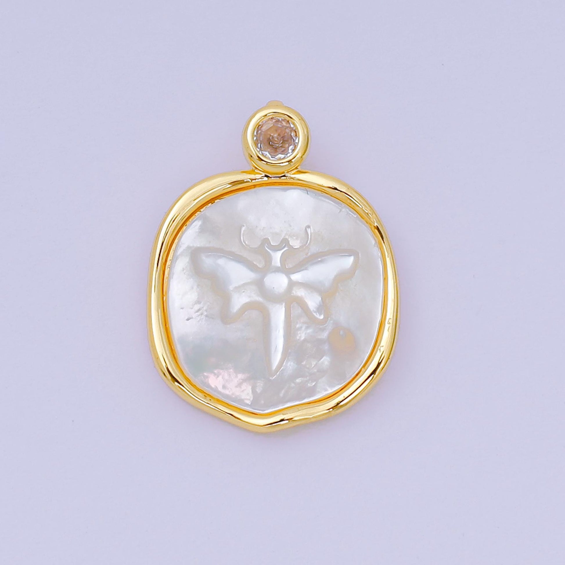 24K Gold Filled 20mm Mother of Pearl Dragonfly Medallion Pendant in Gold & Silver | AA-1578