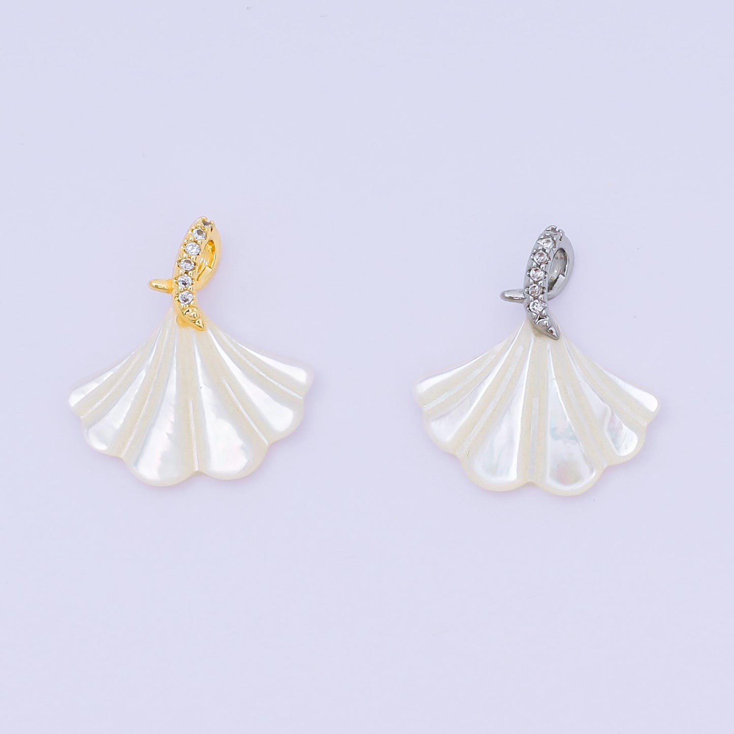 24K Gold Filled 18mm Micro Paved CZ Shell Pearl Fan-Shaped Clam Shell Twirl Tail Pendant in Gold & Silver | AA-1579