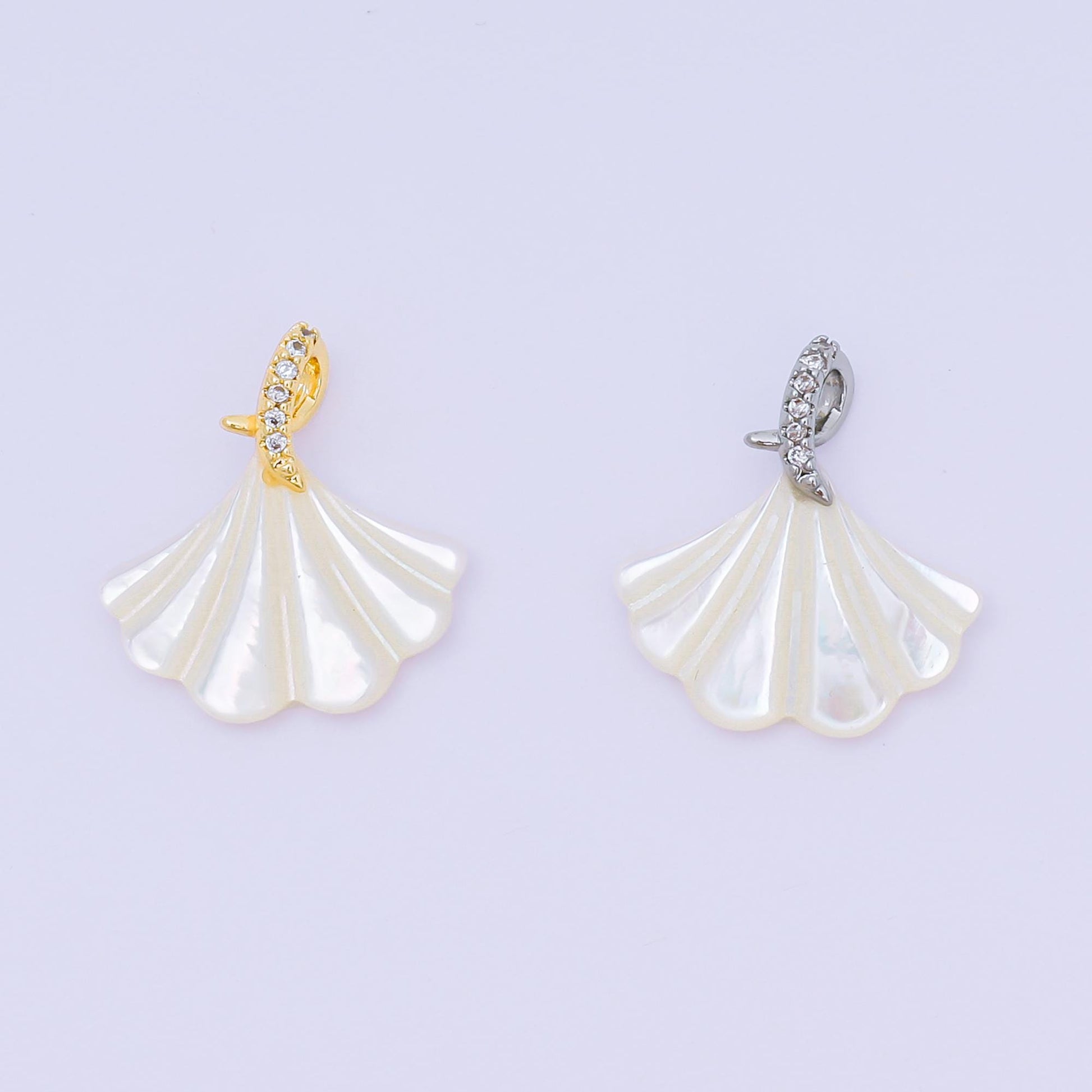 24K Gold Filled 18mm Micro Paved CZ Shell Pearl Fan-Shaped Clam Shell Twirl Tail Pendant in Gold & Silver | AA-1579
