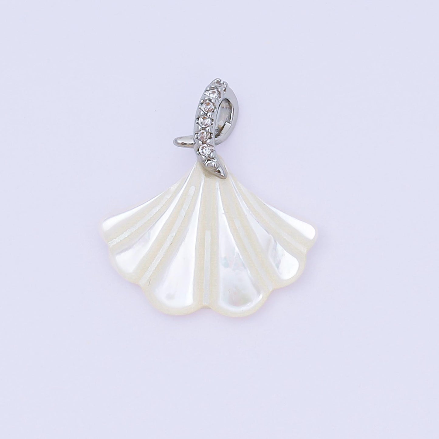 24K Gold Filled 18mm Micro Paved CZ Shell Pearl Fan-Shaped Clam Shell Twirl Tail Pendant in Gold & Silver | AA-1579