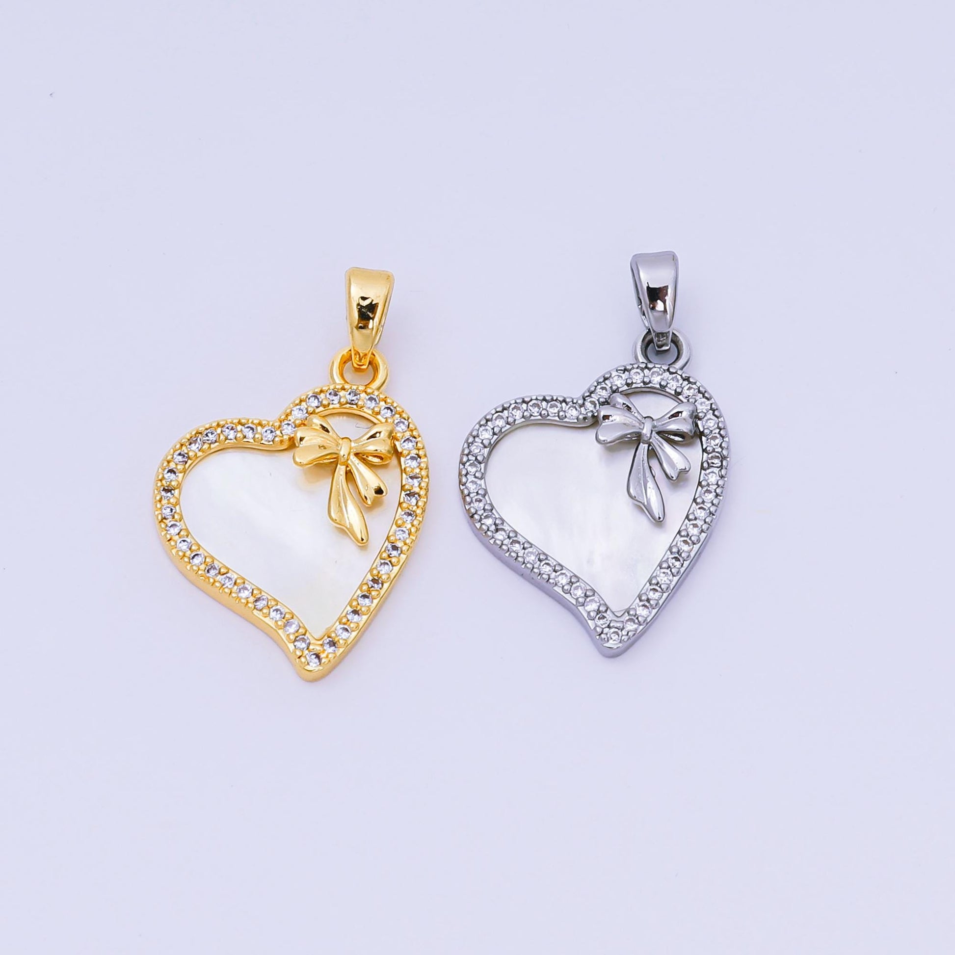 24K Gold Filled 19mm Micro Paved CZ Mother of Pearl Heart in Ribbon Pendant in Gold & Silver | AA-1580