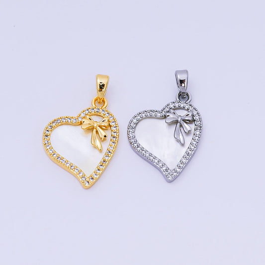 24K Gold Filled 19mm Micro Paved CZ Mother of Pearl Heart in Ribbon Pendant in Gold & Silver | AA-1580