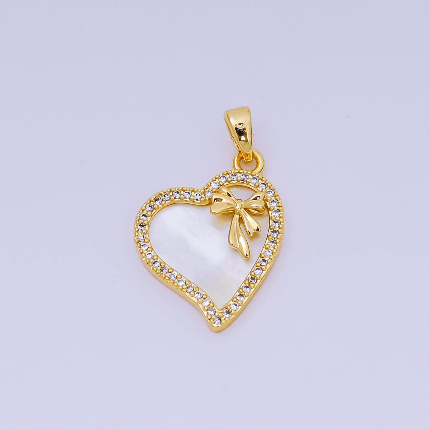 24K Gold Filled 19mm Micro Paved CZ Mother of Pearl Heart in Ribbon Pendant in Gold & Silver | AA-1580