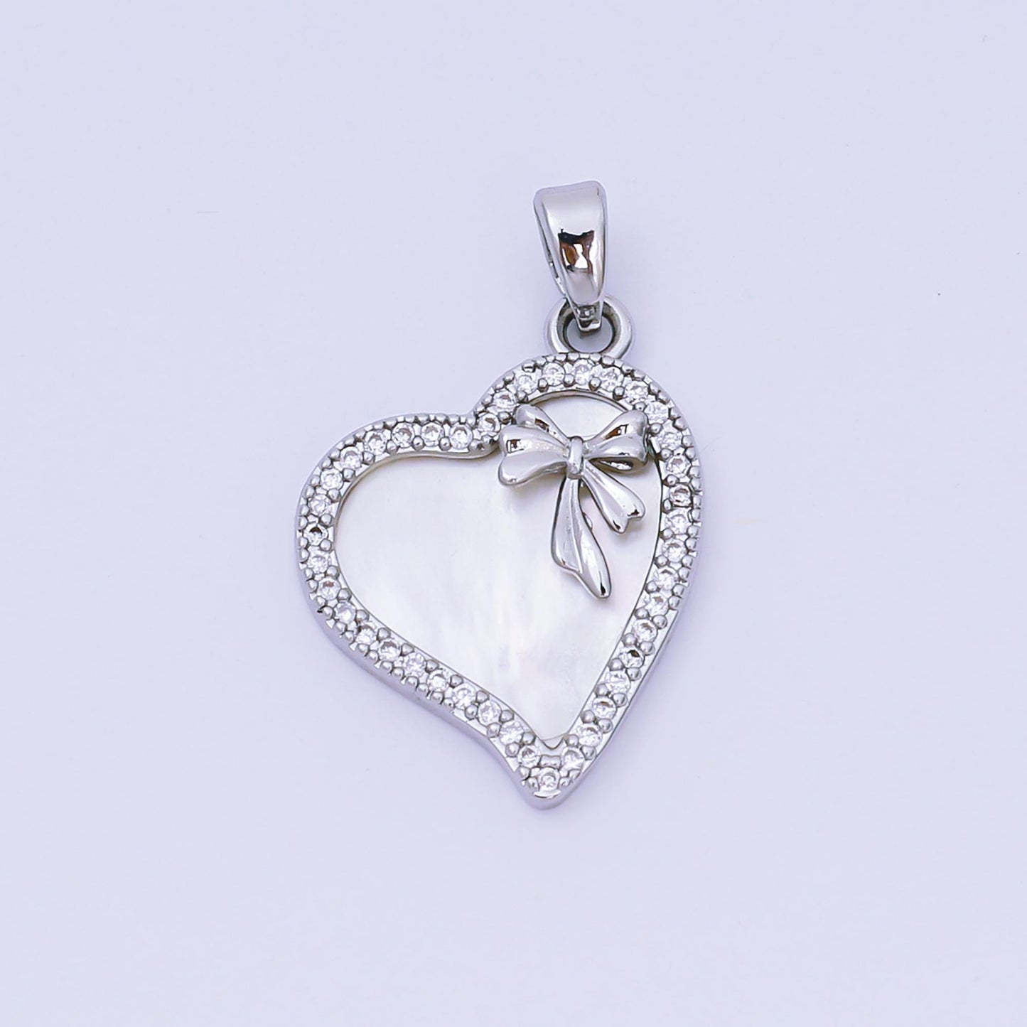 24K Gold Filled 19mm Micro Paved CZ Mother of Pearl Heart in Ribbon Pendant in Gold & Silver | AA-1580