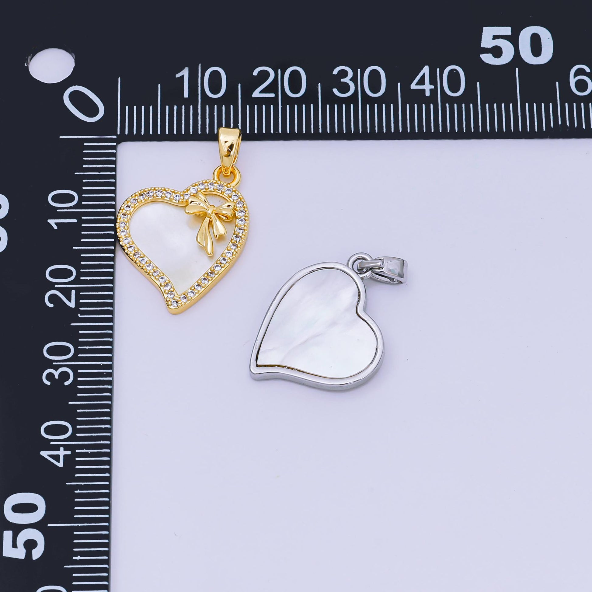 24K Gold Filled 19mm Micro Paved CZ Mother of Pearl Heart in Ribbon Pendant in Gold & Silver | AA-1580
