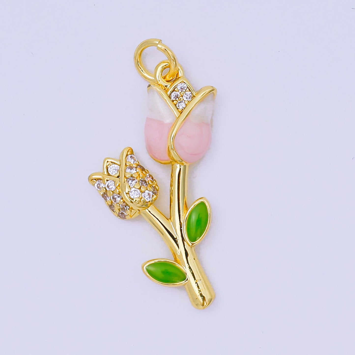 24K Gold Filled 26mm Micro Paved CZ Enamel Art Pink Tulip Flower Charm | AH-634