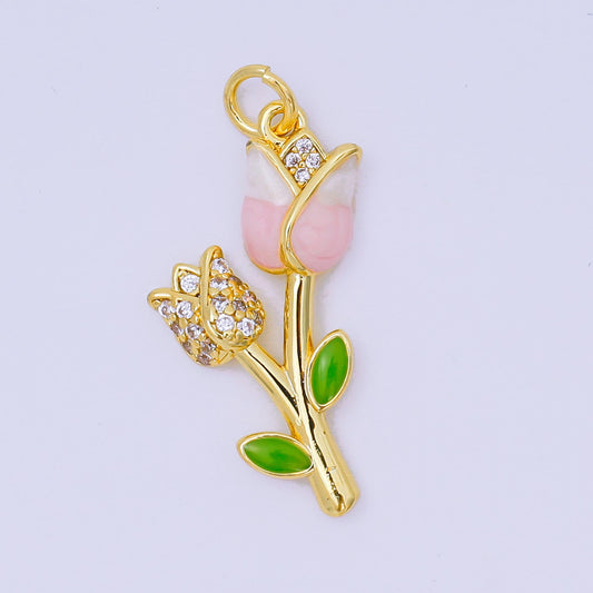 24K Gold Filled 26mm Micro Paved CZ Enamel Art Pink Tulip Flower Charm | AH-634
