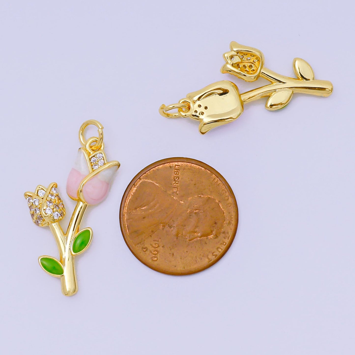24K Gold Filled 26mm Micro Paved CZ Enamel Art Pink Tulip Flower Charm | AH-634