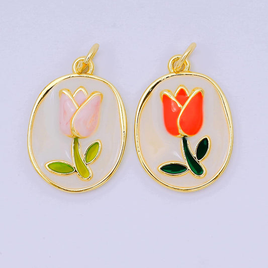 24K Gold Filled 20mm Enamel Art Blooming Tulip Emblem Charm in Pink & Orange | AH-631
