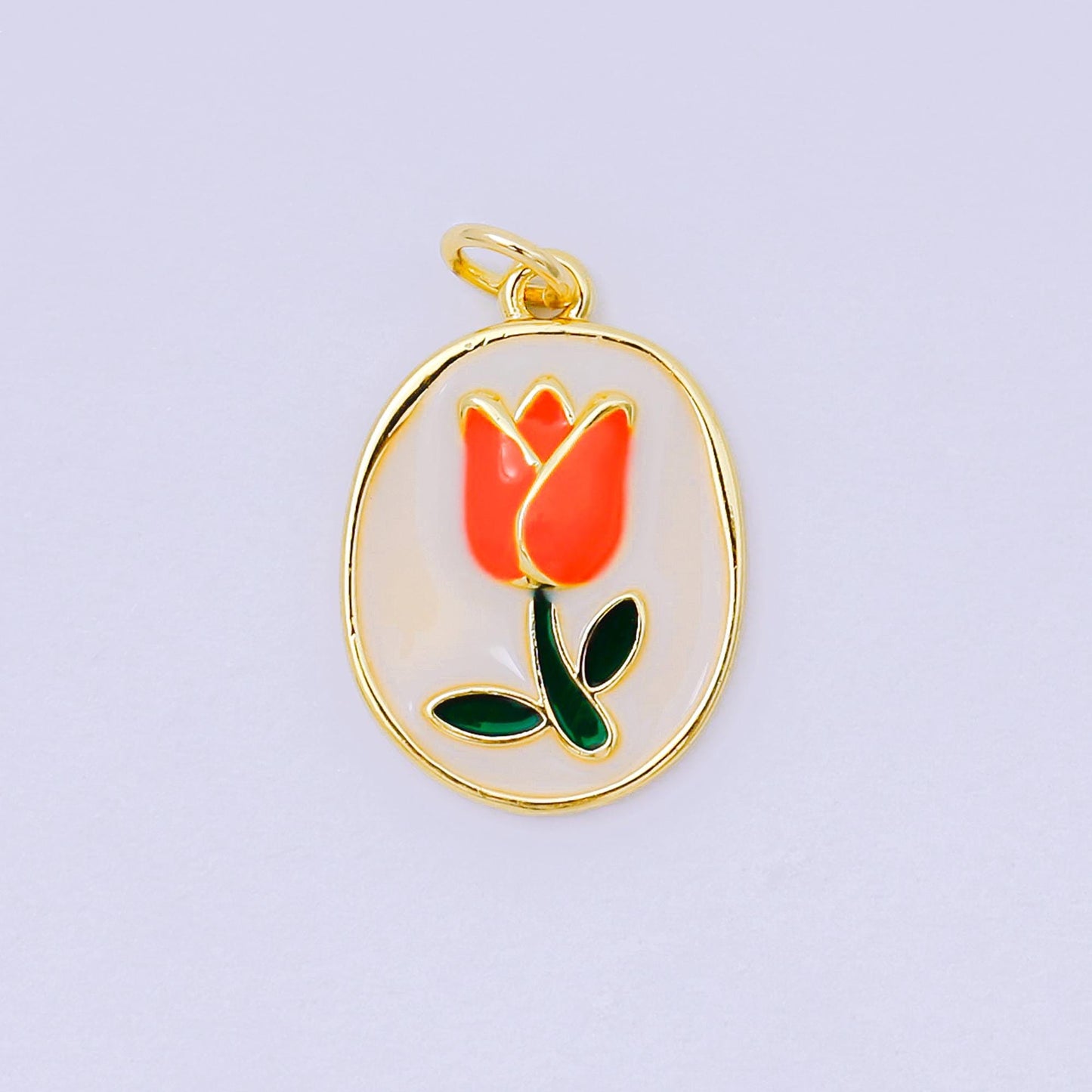 24K Gold Filled 20mm Enamel Art Blooming Tulip Emblem Charm in Pink & Orange | AH-631