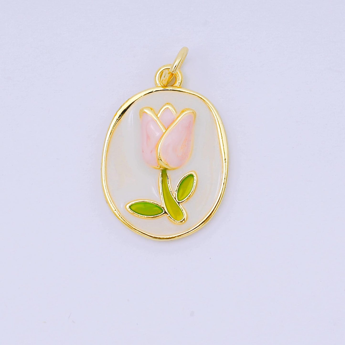 24K Gold Filled 20mm Enamel Art Blooming Tulip Emblem Charm in Pink & Orange | AH-631