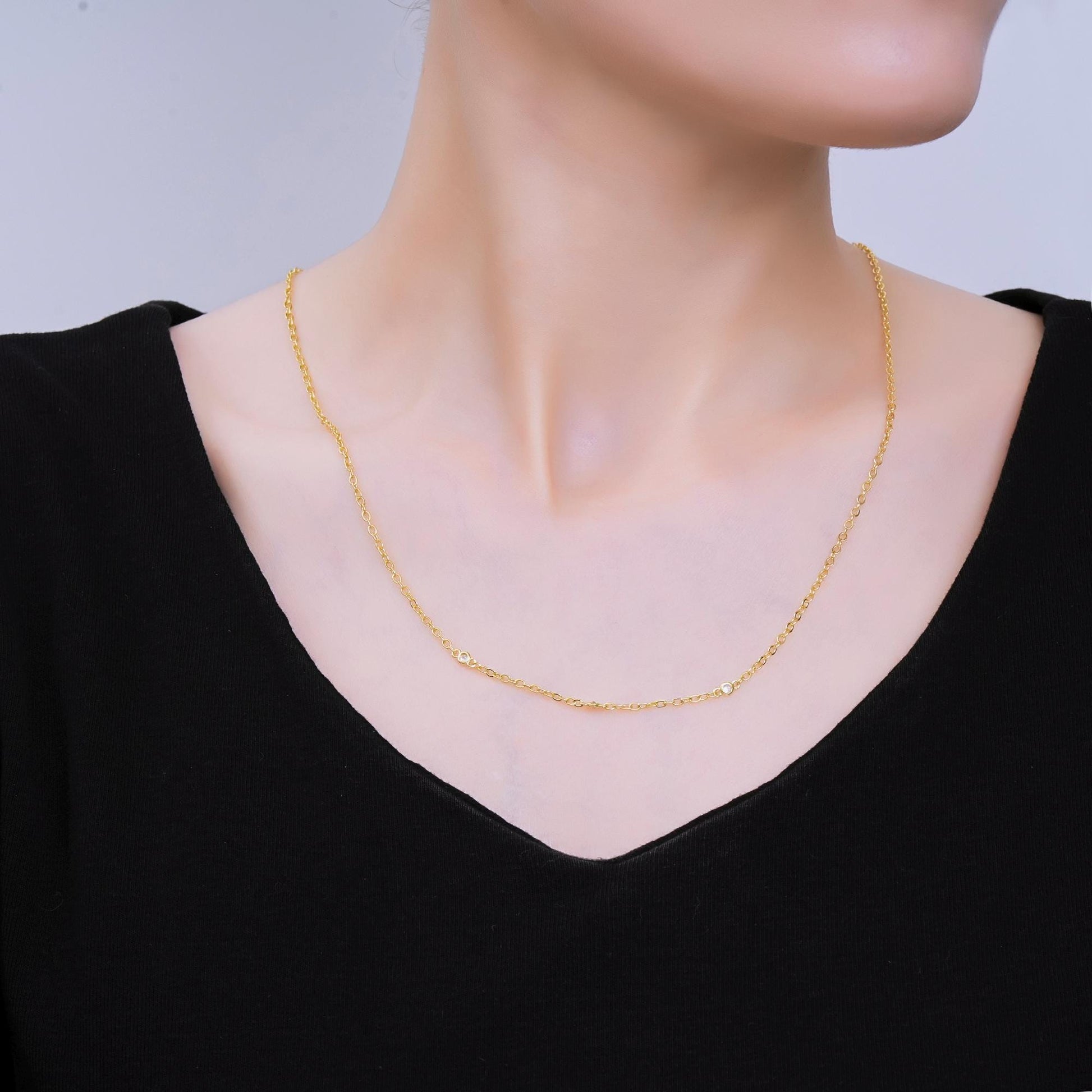 24K Gold Filled Triple Micro Paved CZ Station Anchor Link Chain Necklace 18 Inch | WA-3362