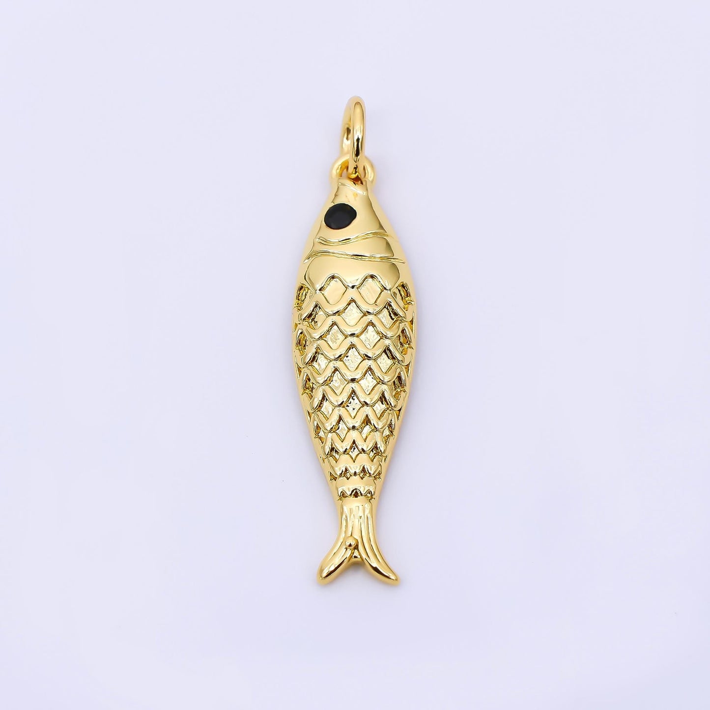 24K Gold Filled 26mm Black Round CZ Koi Gold Fish Charm | AJ-388
