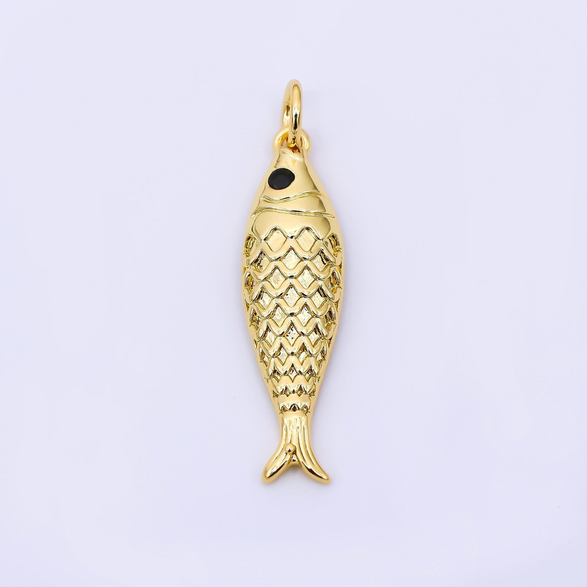 24K Gold Filled 26mm Black Round CZ Koi Gold Fish Charm | AJ-388