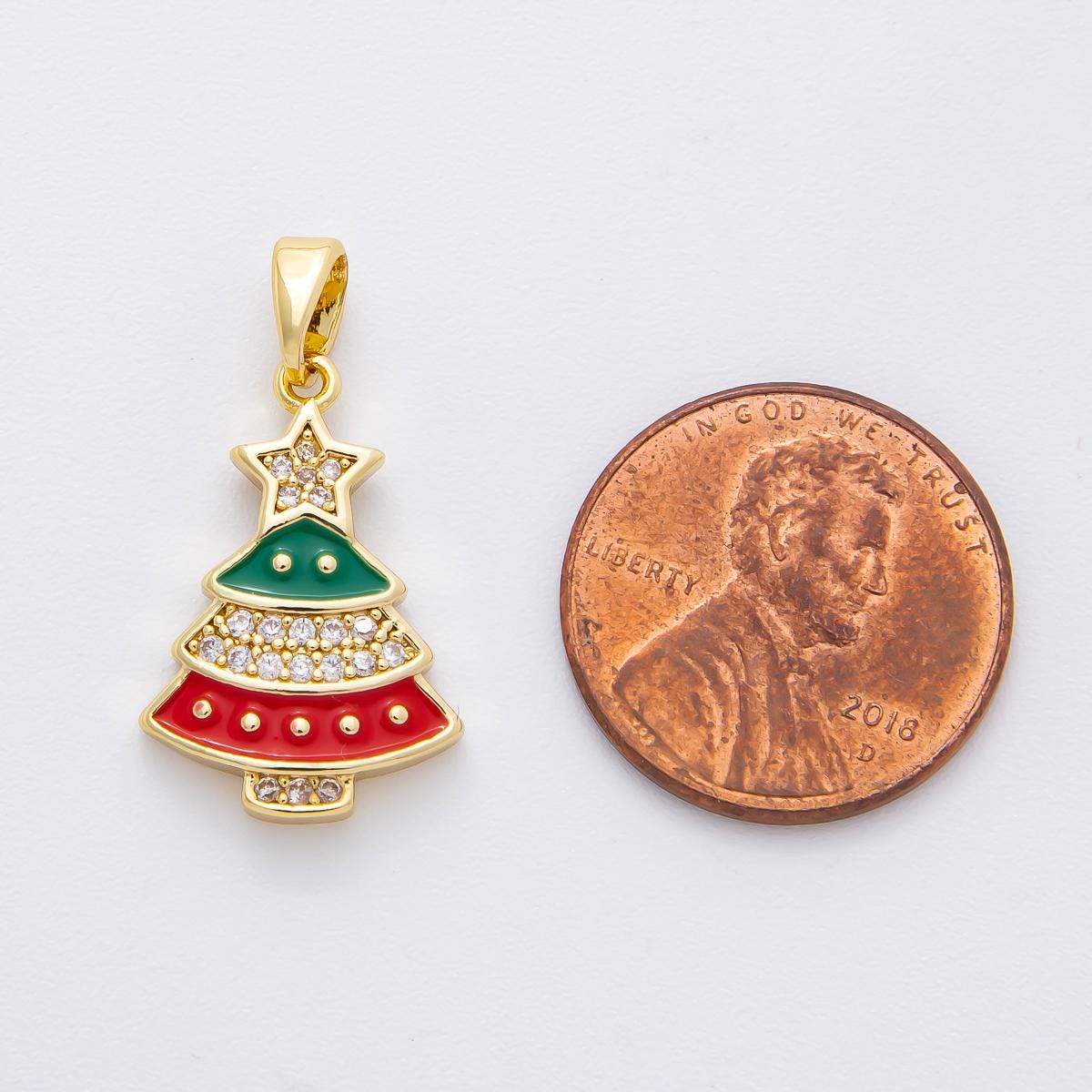 Dainty Red Green Christmas tree micro paved cz dainty 18k gold filled holiday season greetings pendant | AF-1139