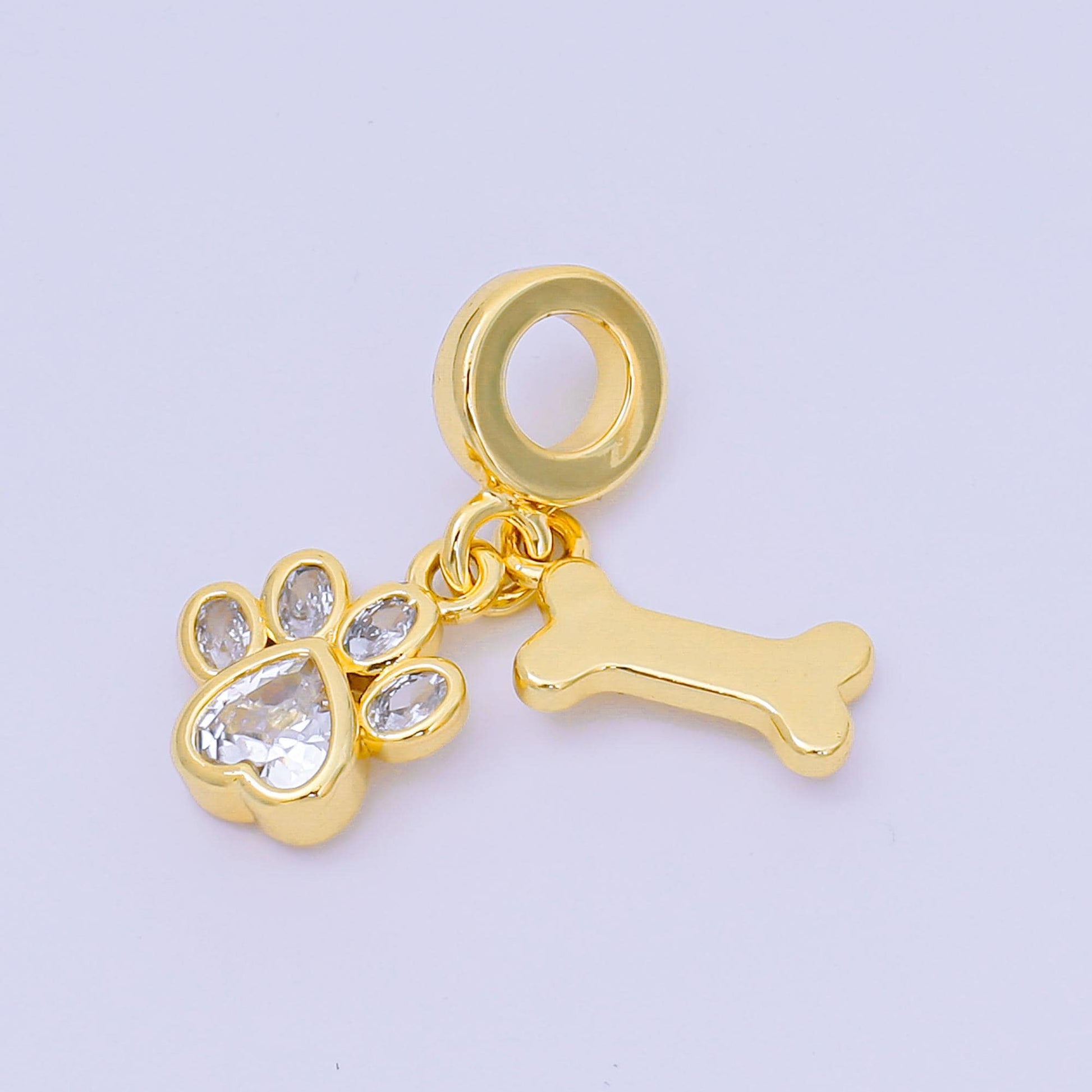 24K Gold Filled 12.5mm Oval, Heart CZ Dog Pet Set Charm in Paw & Bone | AH-648