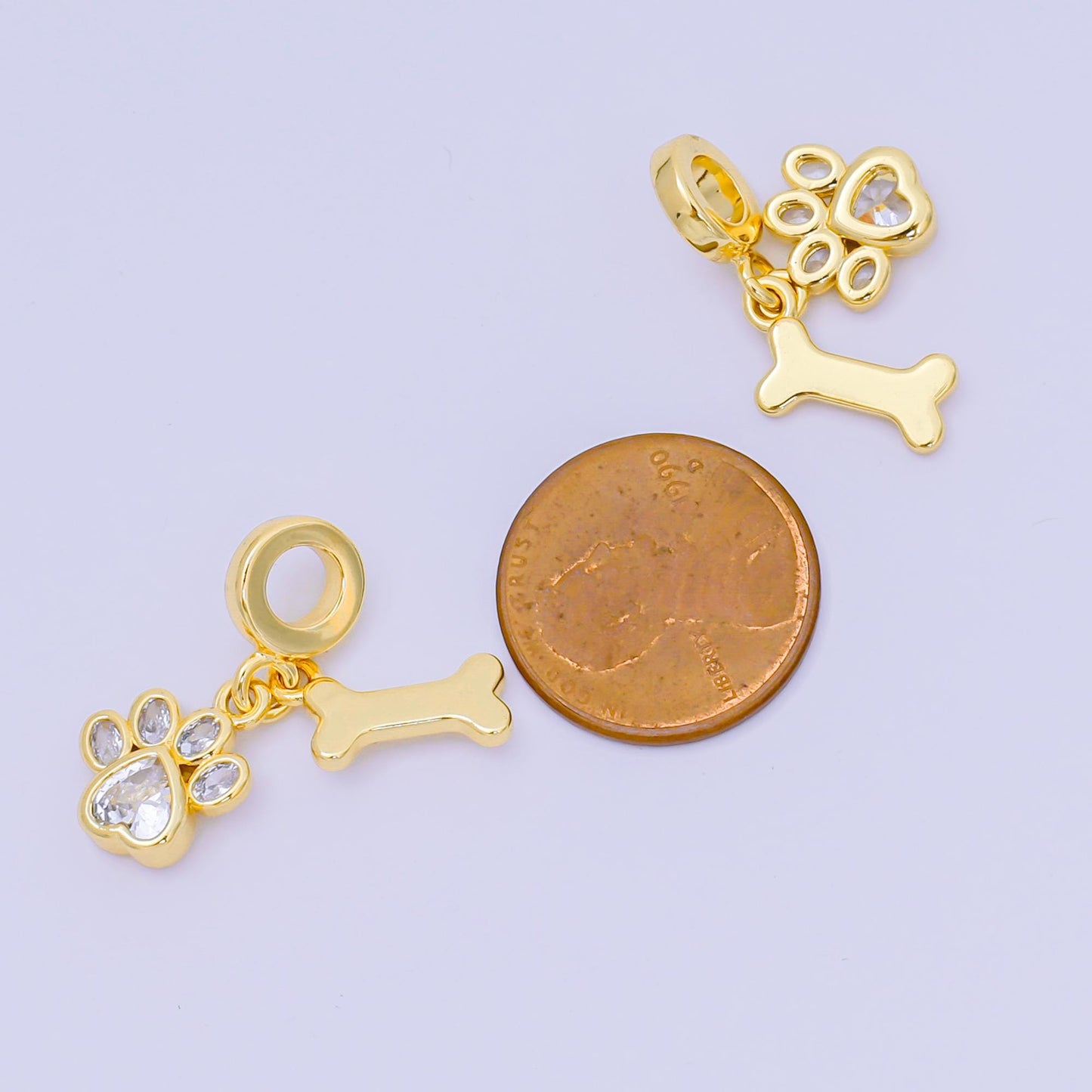 24K Gold Filled 12.5mm Oval, Heart CZ Dog Pet Set Charm in Paw & Bone | AH-648