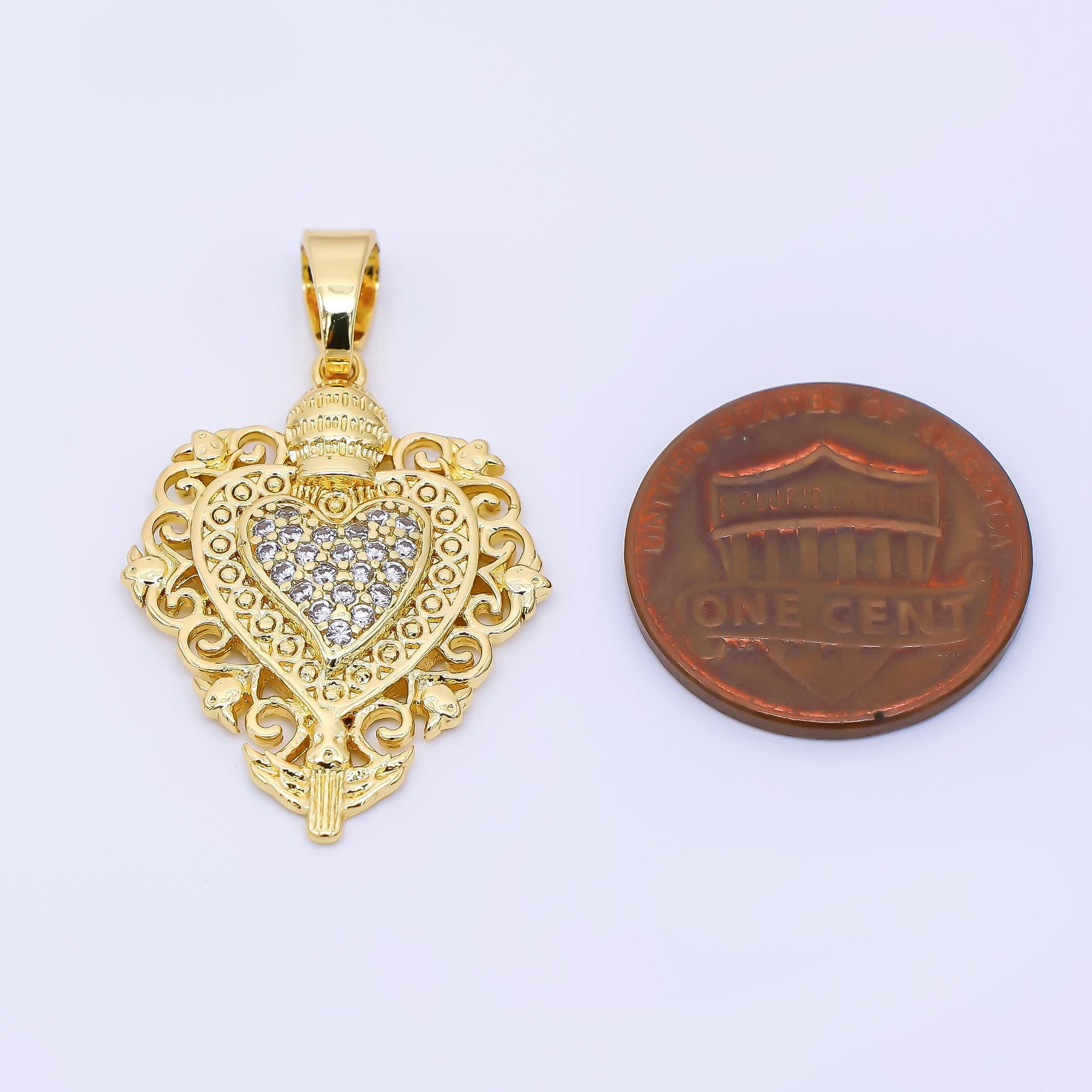24K Gold Filled 26mm Micro Paved CZ Elegant Royal Heart Pendant | AH-542
