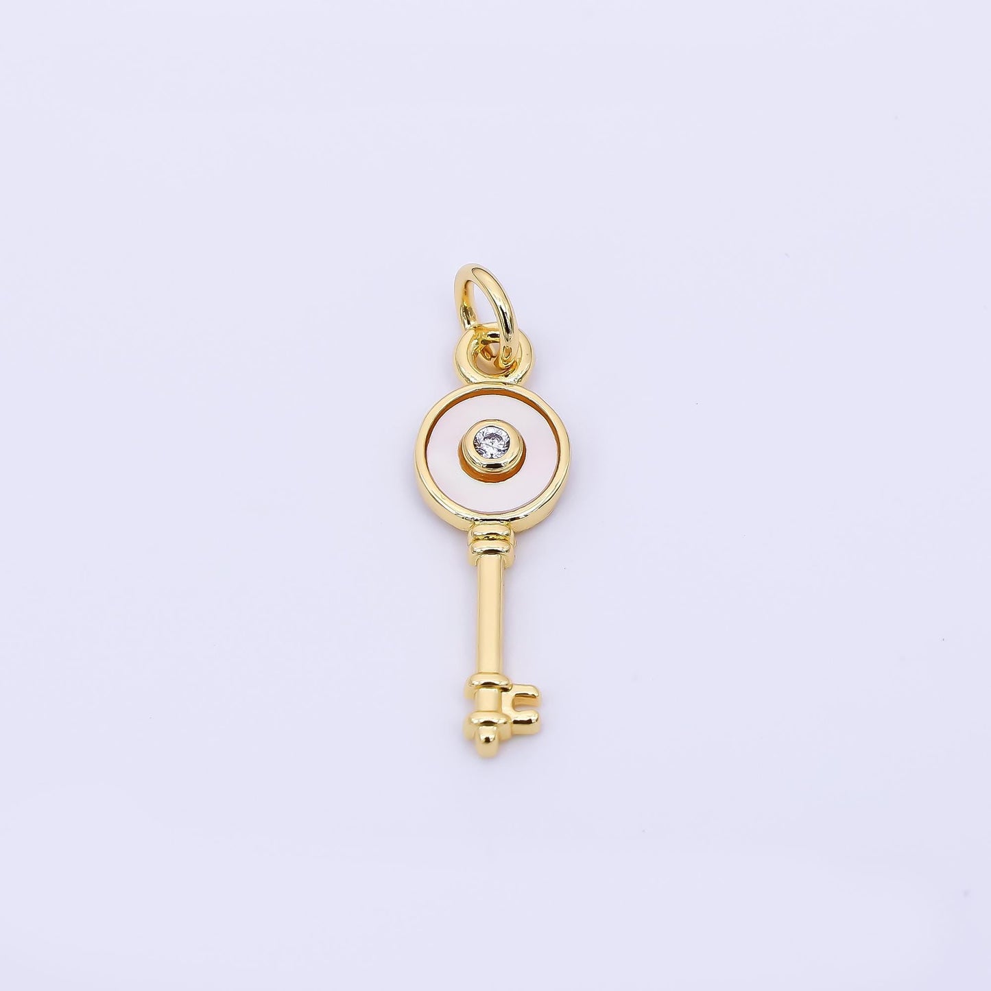 24K Gold Filled 21mm Round CZ Mother of Pearl Art Key Charm | AH-563
