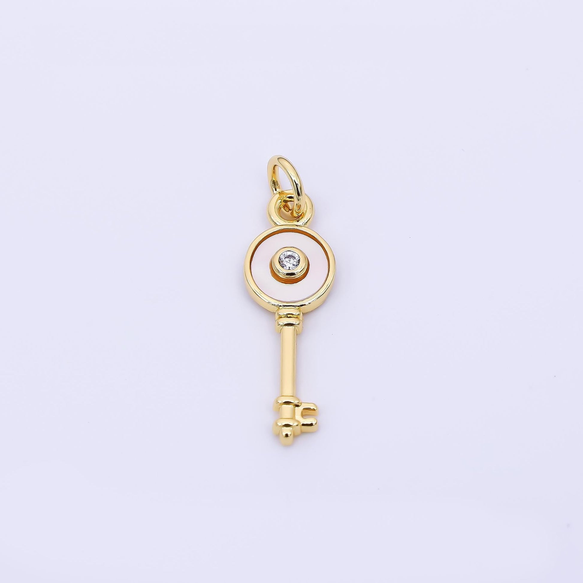 24K Gold Filled 21mm Round CZ Mother of Pearl Art Key Charm | AH-563