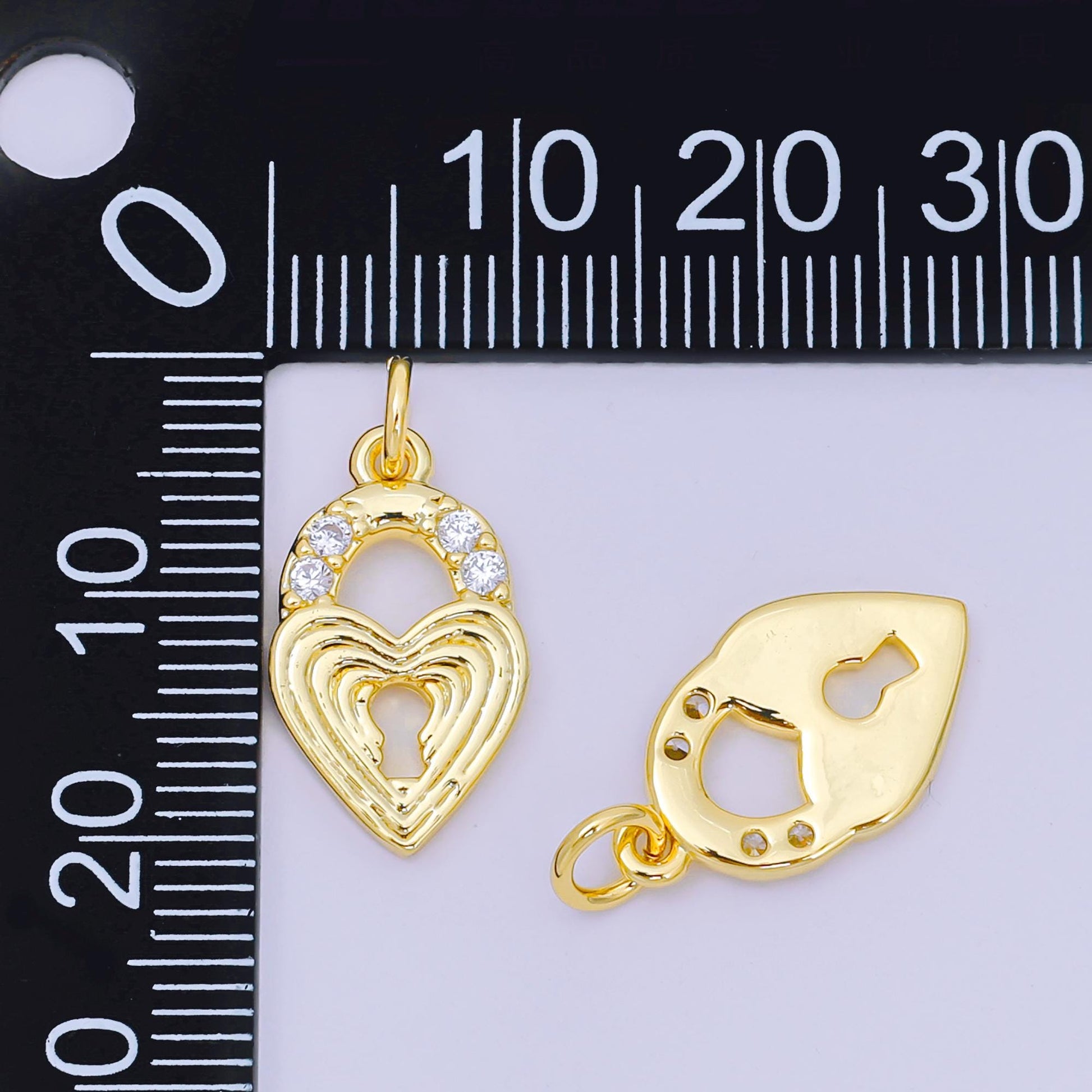 24K Gold Filled 18mm Micro Paved CZ Heart Padlock Charm | AH-641