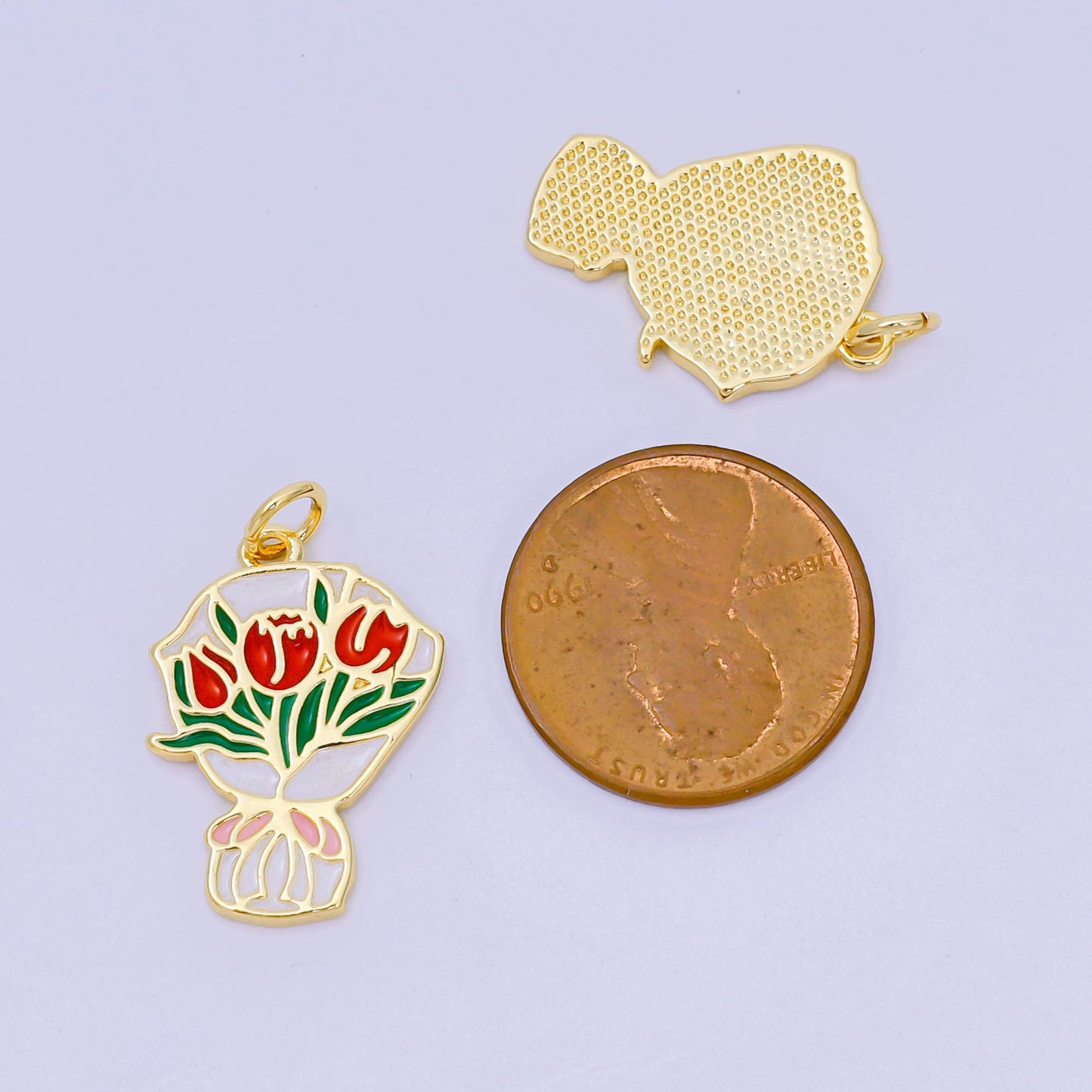 24K Gold Filled 10.5mm Enamel Art Bouquet of Roses Flower Charm | AH-642