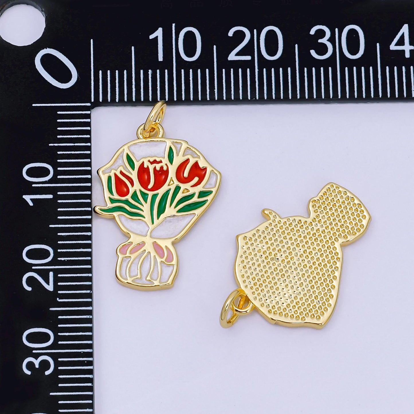 24K Gold Filled 10.5mm Enamel Art Bouquet of Roses Flower Charm | AH-642