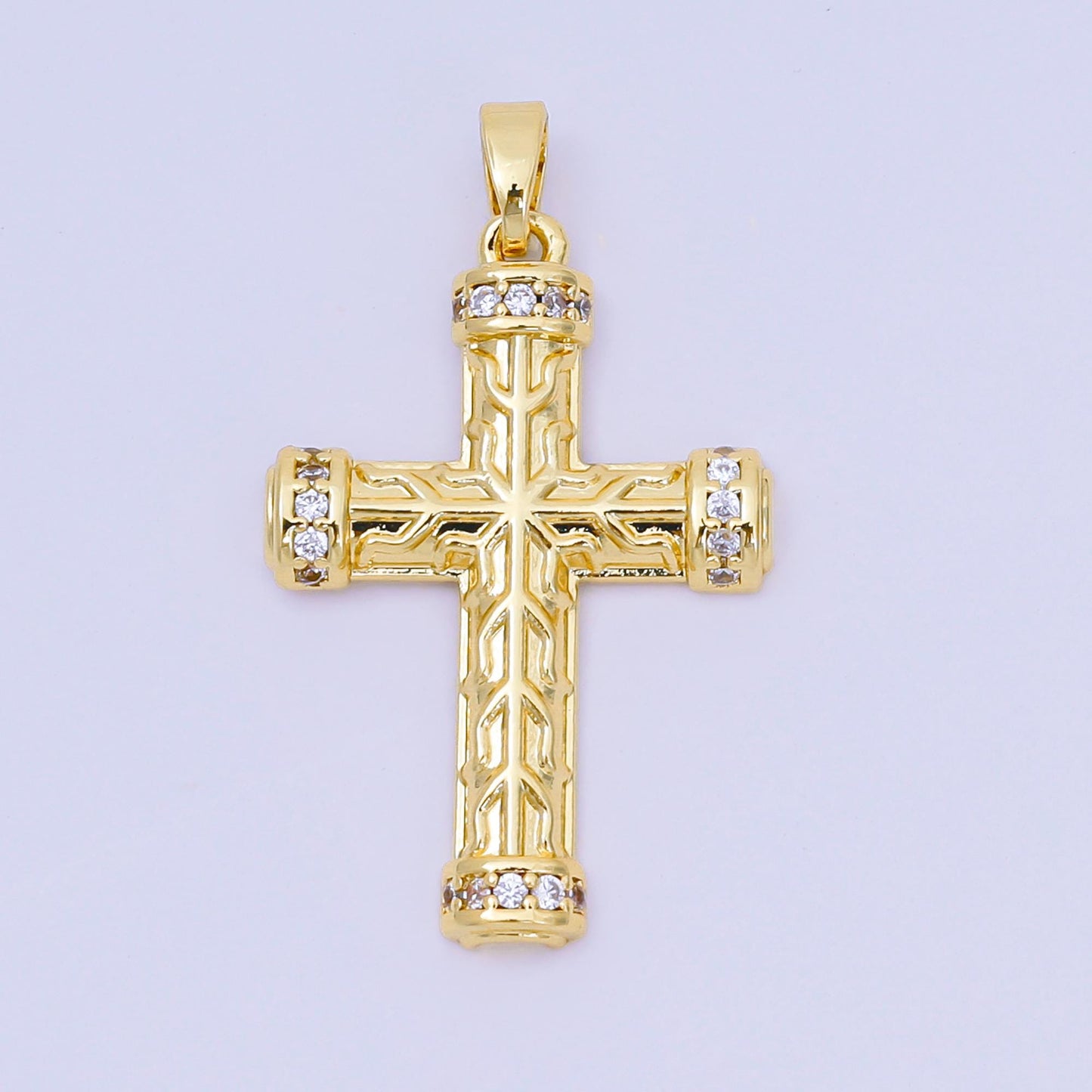 24K Gold Filled 29mm Micro Paved CZ Luxuriant Textured Holy Cross Christian Charm | AA-A1597