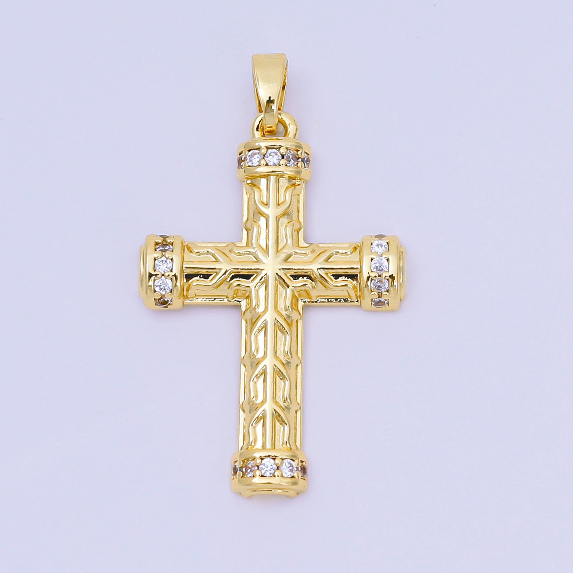 24K Gold Filled 29mm Micro Paved CZ Luxuriant Textured Holy Cross Christian Charm | AA-A1597