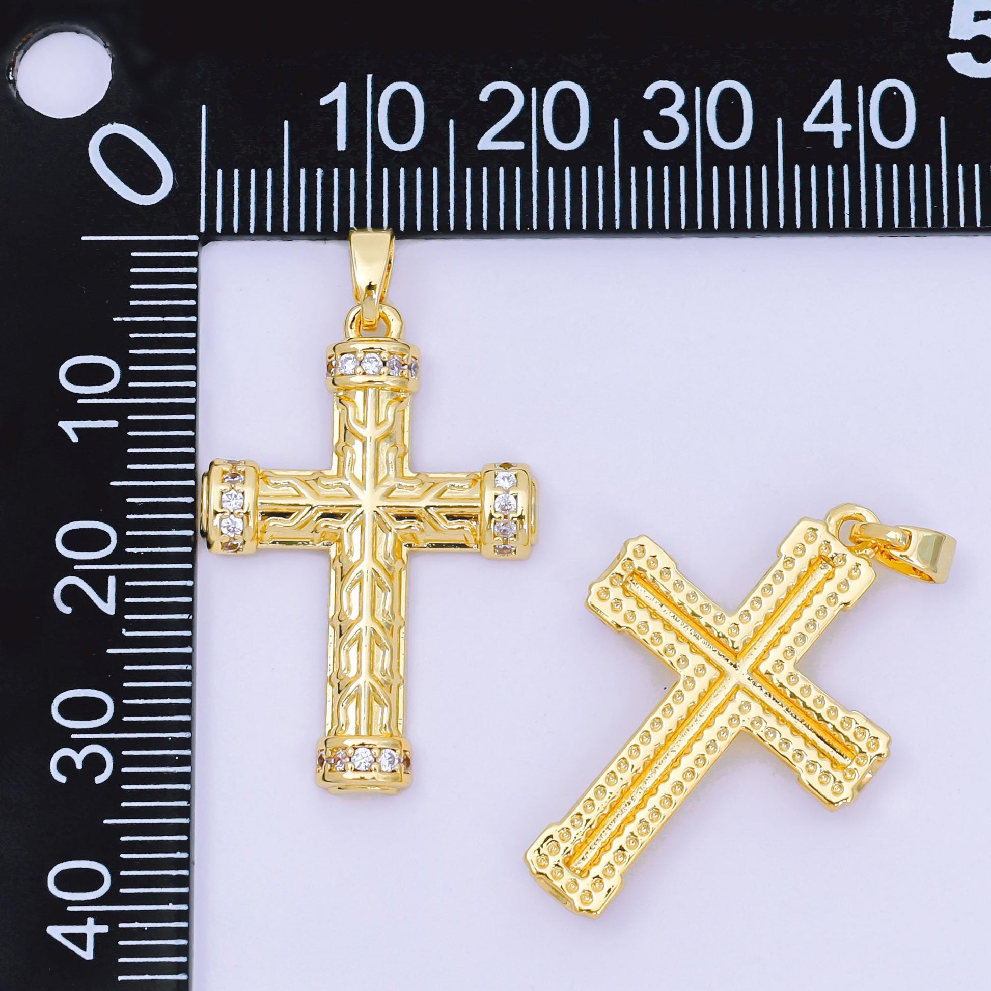 24K Gold Filled 29mm Micro Paved CZ Luxuriant Textured Holy Cross Christian Charm | AA-A1597