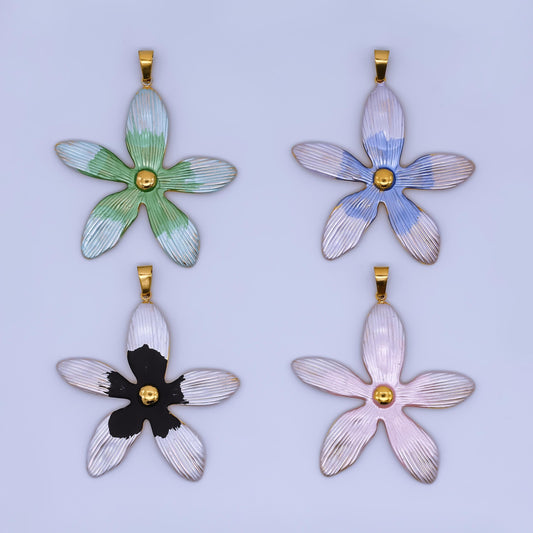 24K Gold Filled Painted Colorful Blue Green Pink Flower Plant Pendant | J-063
