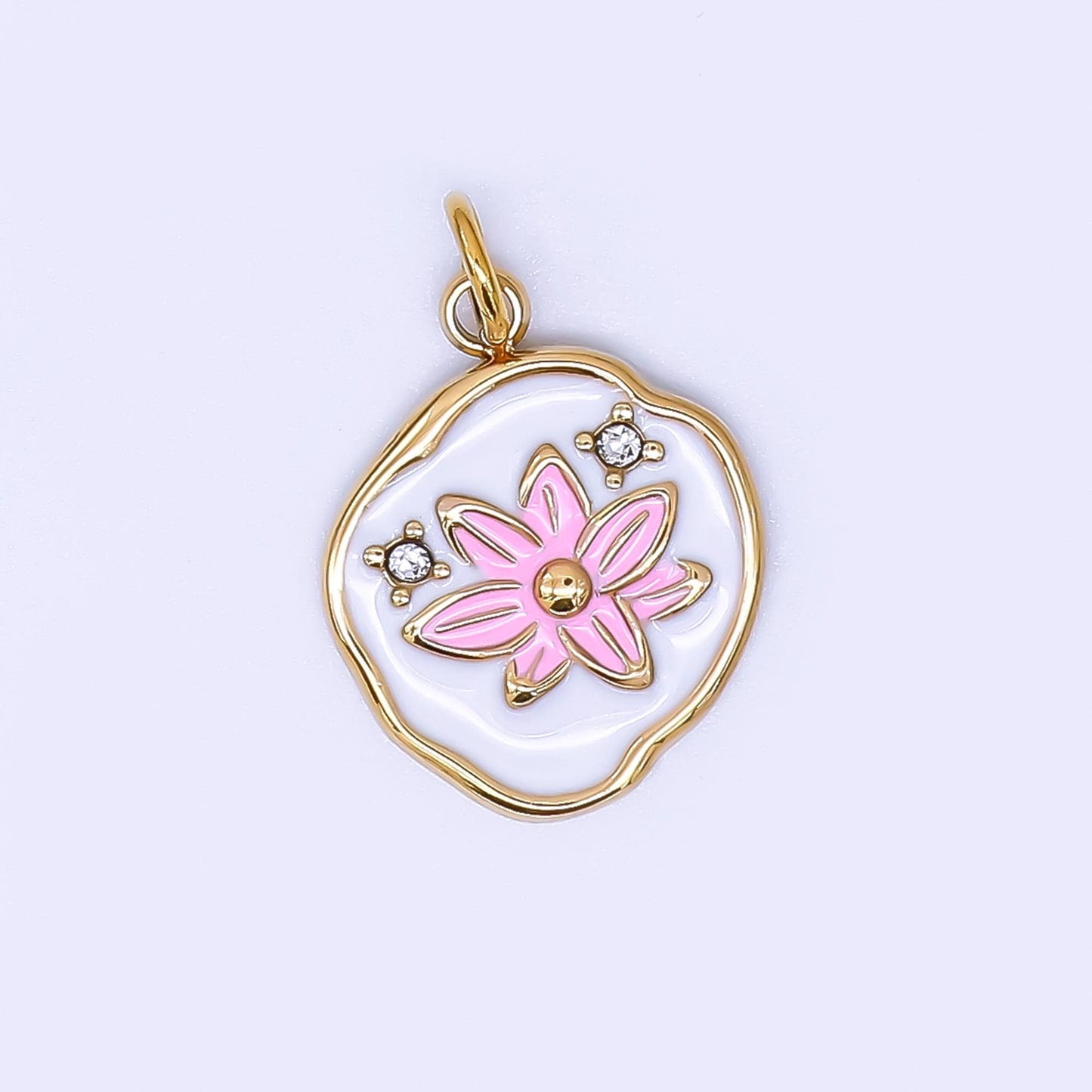 PVD Gold Lotus Charms Blue, White, Pink Enamel Flower charm Abstract Oval Charm Medallion for Necklace Bracelet J-359