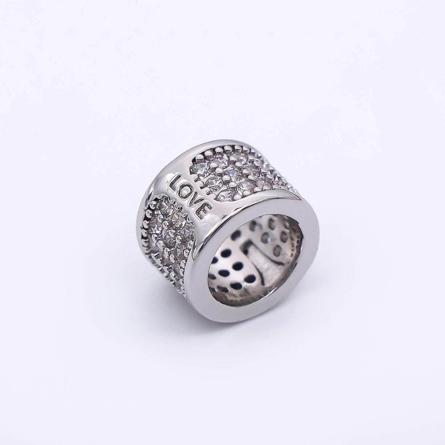 9x9mm CZ Large Hole Cylinder Drum Barrel Micro Pave Beads, Cubic Zirconia Big Hole Spacer Beads, Large Hole Spacer Love Script B-033