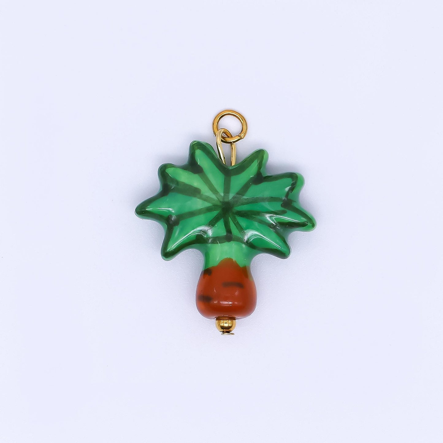PVD Gold Filled Palm Tree Charm Green Ceramic Drop Pendant | P-630