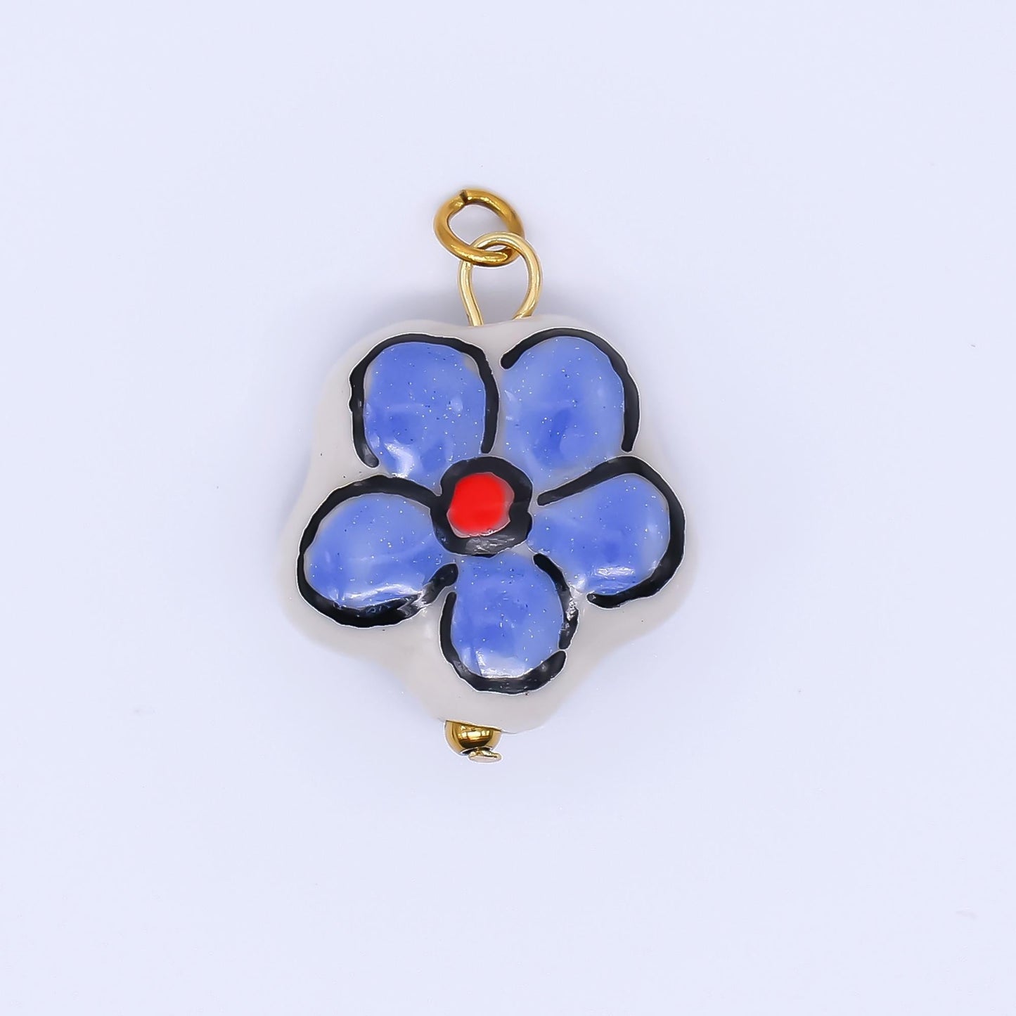 PVD Gold Filled Blue Daish Charm White Flower Ceramic Drop Pendant | P-634