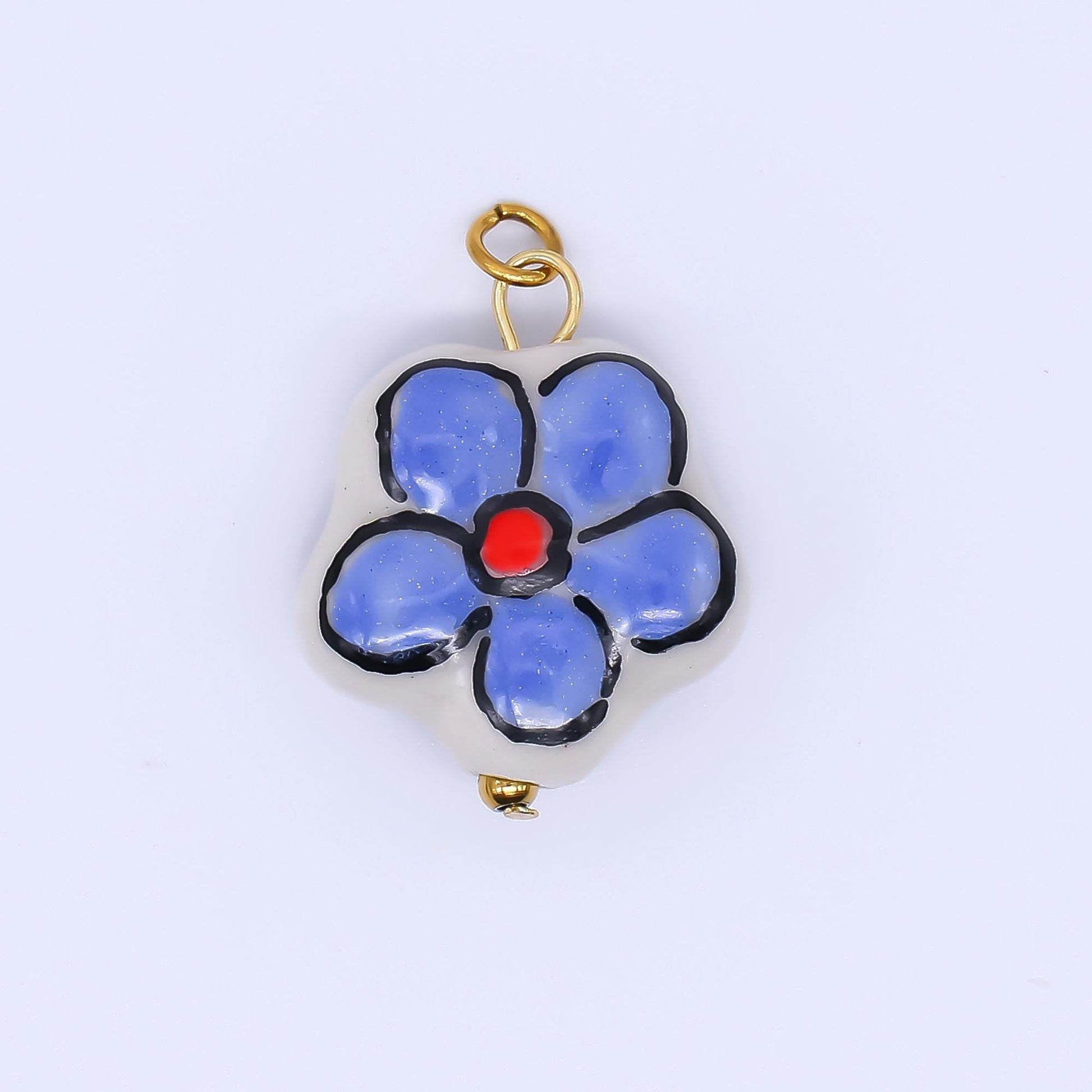 PVD Gold Filled Blue Daish Charm White Flower Ceramic Drop Pendant | P-634
