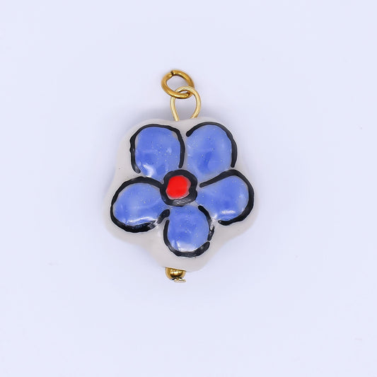 PVD Gold Filled Blue Daish Charm White Flower Ceramic Drop Pendant | P-634