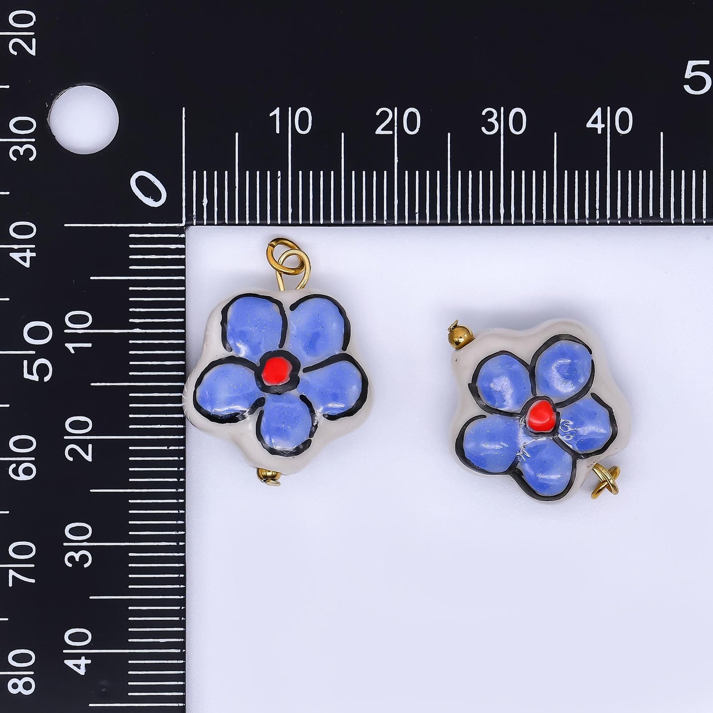 PVD Gold Filled Blue Daish Charm White Flower Ceramic Drop Pendant | P-634