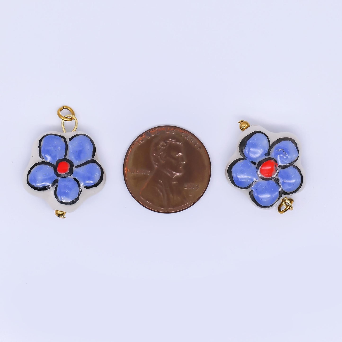 PVD Gold Filled Blue Daish Charm White Flower Ceramic Drop Pendant | P-634