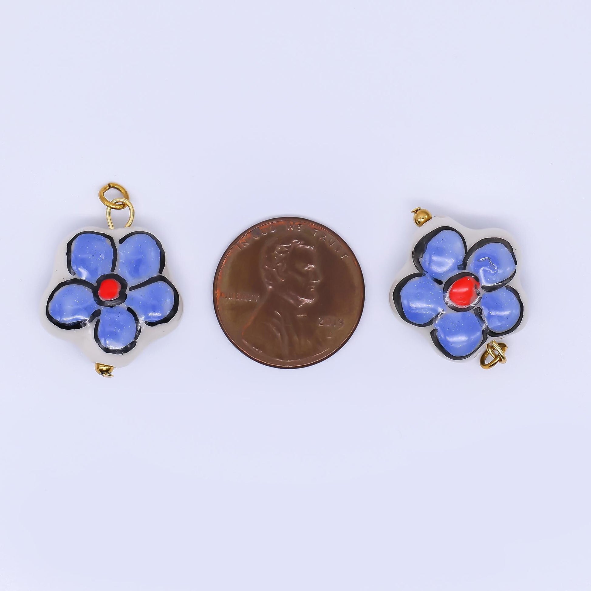 PVD Gold Filled Blue Daish Charm White Flower Ceramic Drop Pendant | P-634