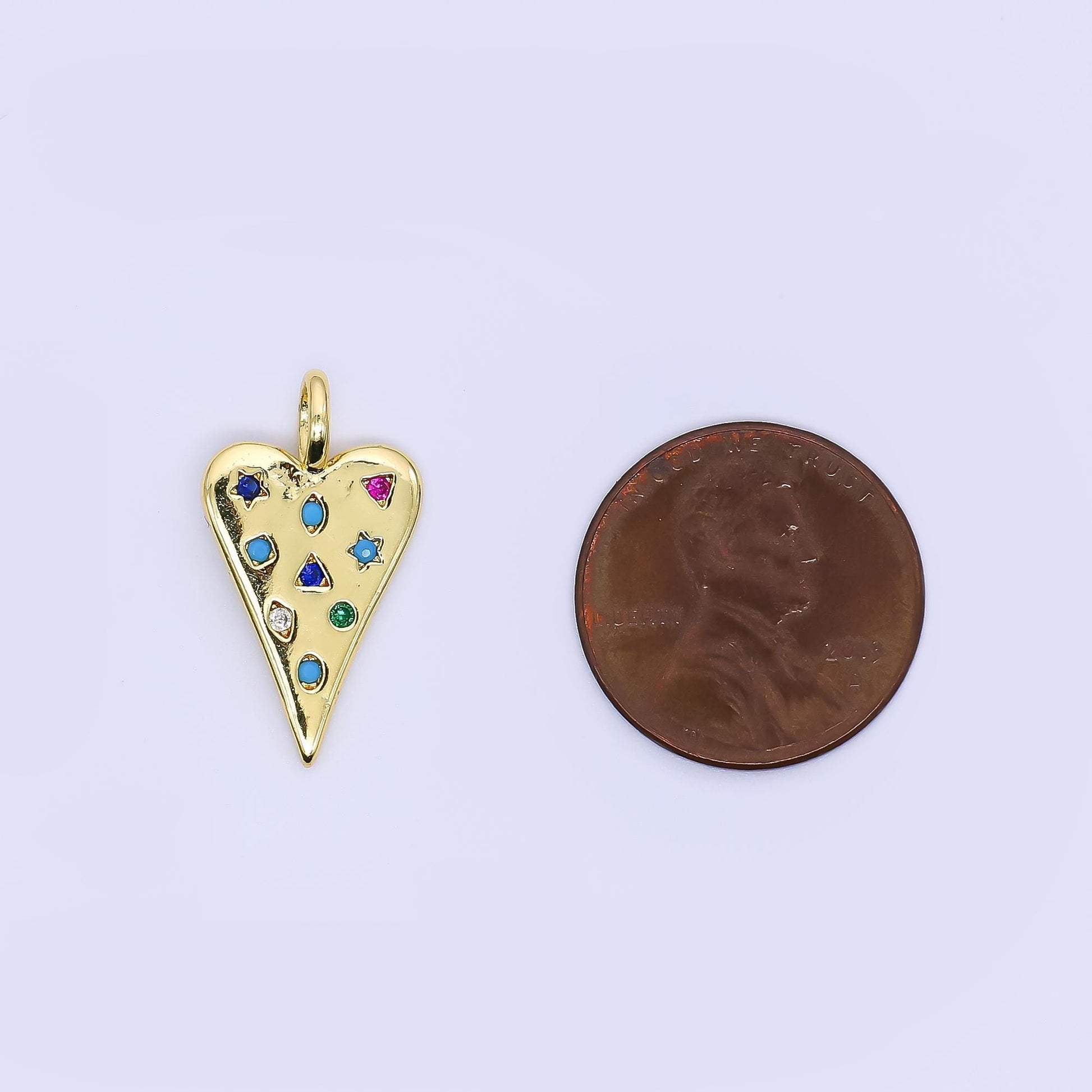 24K Gold Filled Mix Shape Multicolor Micro Paved CZ Heart Charm Pendant | AH-707